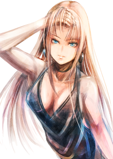 1girl bangs bare_arms black_dress blonde_hair blue_eyes breasts cleavage closed_mouth collarbone dress halterneck long_hair looking_at_viewer medium_breasts original simple_background sketch sleeveless sleeveless_dress solo straight_hair sushi_(sashimise) upper_body very_long_hair white_background