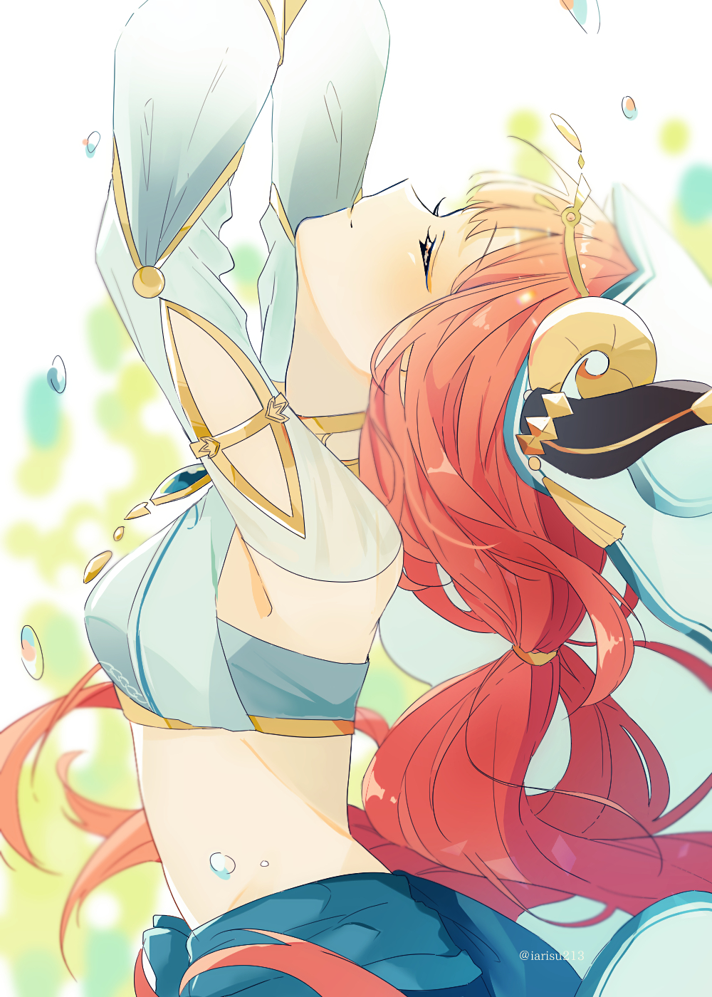 1girl arabian_clothes arm_up arms_up bangs blue_nails blush bracelet breasts brooch closed_eyes commentary_request crop_top curled_horns eyelashes forehead_jewel gem genshin_impact gold_trim harem_outfit highres horns iarisu213 jewelry long_hair long_sleeves medium_breasts midriff navel necklace nilou_(genshin_impact) open_mouth pelvic_curtain puffy_long_sleeves puffy_sleeves red_hair revealing_clothes side_slit skirt smile solo sparkle stomach twitter_username upper_body veil