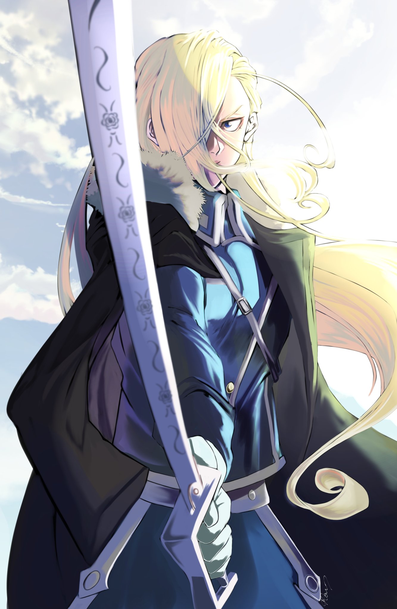 1girl asymmetrical_hair black_cape blonde_hair blue_eyes blue_jacket blue_pants cape cloud cloudy_sky cowboy_shot crow_illust fighting_stance fullmetal_alchemist fur_collar gloves hair_over_one_eye high_collar highres holding holding_sword holding_weapon jacket long_hair long_sleeves looking_at_viewer military military_uniform olivier_mira_armstrong one_eye_covered outdoors pants sky solo sunlight sword uniform weapon white_gloves