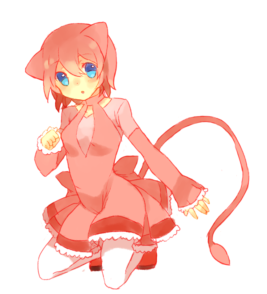 1girl animal_ears back_bow bangs blue_eyes blush bow breasts cat_ears cat_girl cat_tail commentary dress english_commentary frilled_dress frilled_sleeves frills full_body hair_between_eyes kneeling light_blush long_sleeves looking_at_viewer mew nose_blush open_mouth pantyhose personification pink_bow pink_dress pink_hair pink_theme pokemon puddingx2 red_footwear shoes short_dress short_hair sidelocks simple_background sleeves_past_wrists small_breasts solo tail white_background white_pantyhose