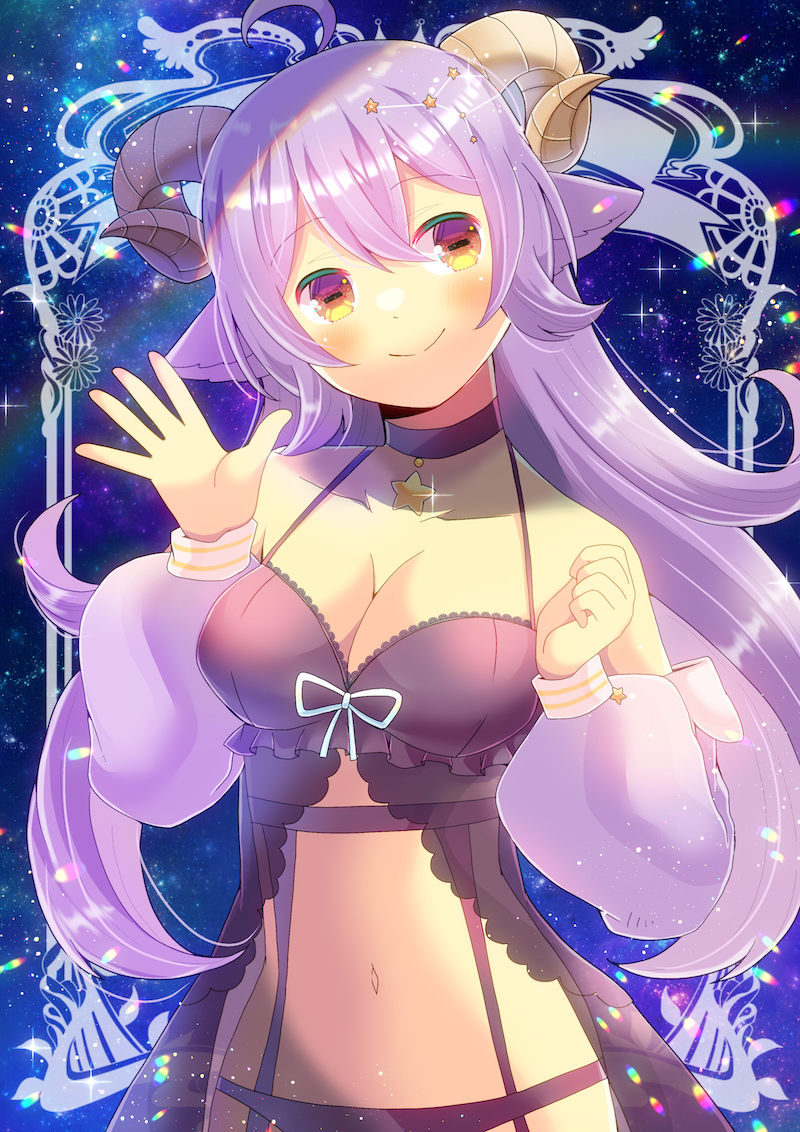 1girl animal_ears blush bra breasts choker cleavage closed_mouth commentary commission english_commentary garter_belt goat_ears goat_girl goat_horns horizontal_pupils horns indie_virtual_youtuber kou_hiyoyo lingerie looking_at_viewer midriff nymie orange_eyes panties purple_hair skeb_commission sky smile solo star_(sky) star_(symbol) starry_sky underwear virtual_youtuber waving