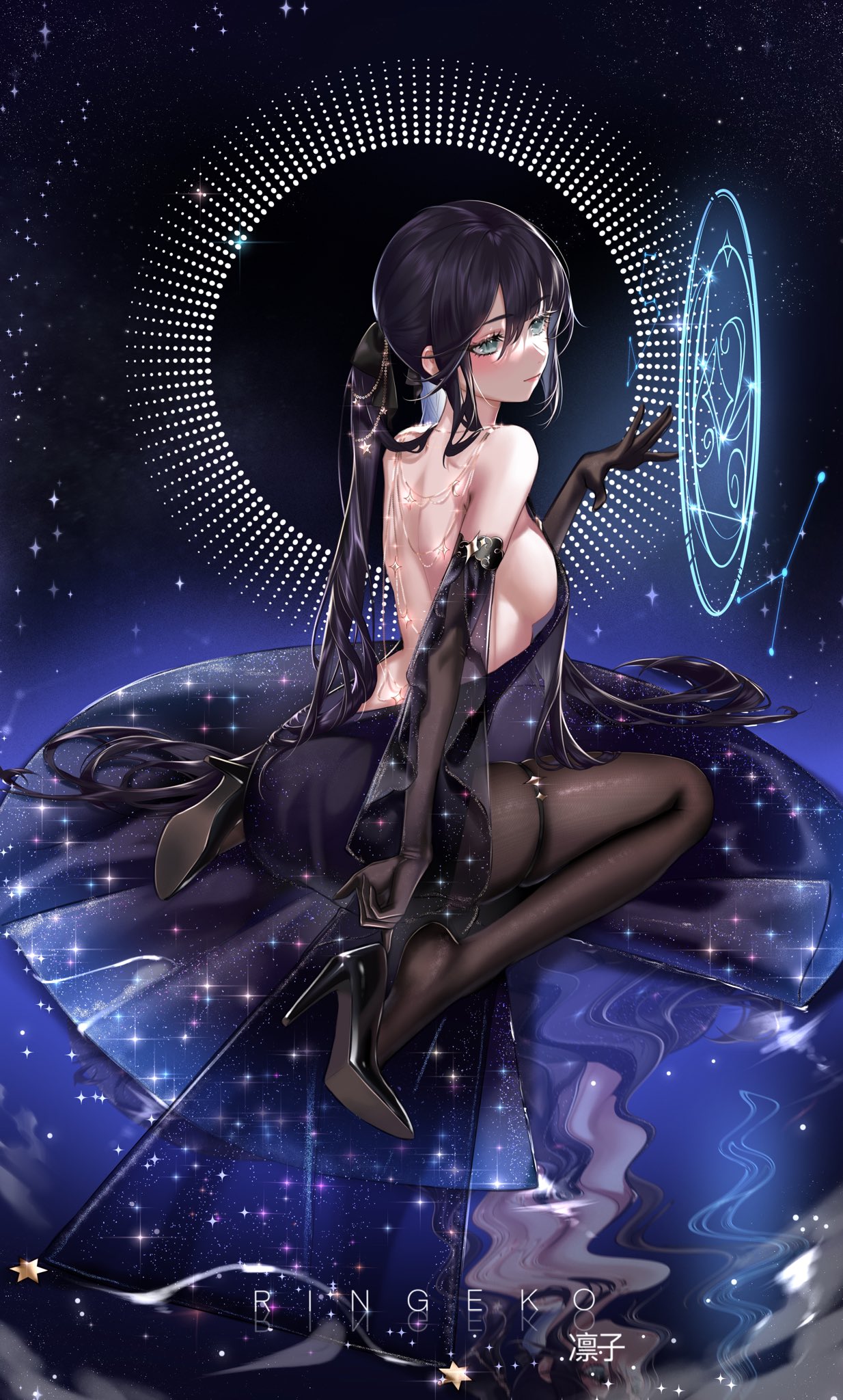 1girl alternate_breast_size alternate_costume artist_name ass backless_dress backless_outfit bare_back bare_shoulders black_footwear black_gloves black_hair black_panties black_pantyhose blush breasts brown_pantyhose chain closed_mouth constellation dress elbow_gloves from_behind full_body genshin_impact gloves green_eyes hair_between_eyes hair_ornament hand_up hat heel_pop high_heels highres jewelry large_breasts legs long_hair looking_away magic magic_circle magical_girl median_furrow mona_(genshin_impact) necklace panties pantyhose ponytail reflection reflective_floor ringeko-chan sideboob sidelocks sitting skindentation sky soles solo sparkle sparkle_print star_(sky) starry_background starry_sky starry_sky_print thigh_strap underwear very_long_hair wariza