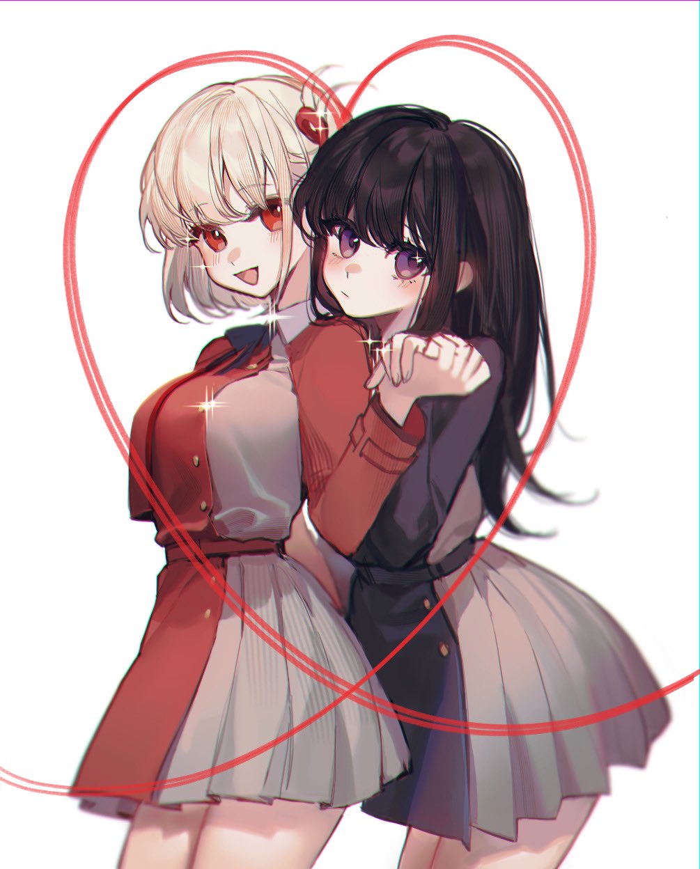 2girls :d bangs black_hair blonde_hair commentary cowboy_shot hair_ornament highres holding_hands inoue_takina long_hair long_sleeves looking_at_viewer lycoris_recoil multiple_girls nishikigi_chisato open_mouth pleated_skirt purple_eyes red_eyes short_hair simple_background skirt smile smilesmile1312 sparkle symbol-only_commentary white_background