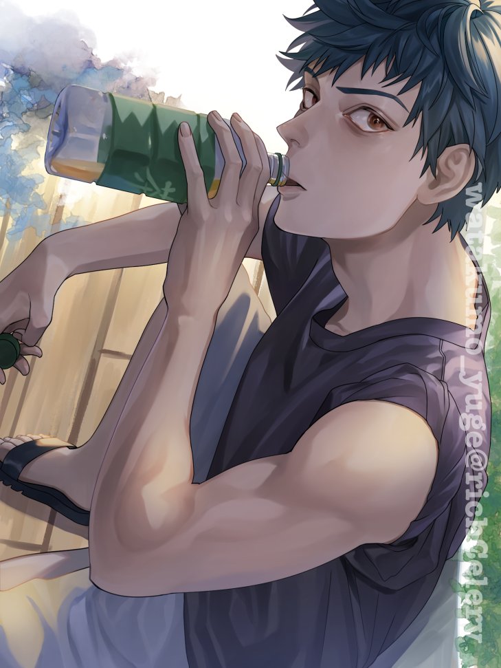 1boy almightyx124 alternate_costume bangs black_footwear black_shirt bottle brown_eyes commentary_request drink expressionless fate/grand_order fate_(series) feet_out_of_frame grey_hair holding holding_bottle looking_at_viewer male_focus saitou_hajime_(fate) shirt short_hair sleeveless solo sunlight toned toned_male