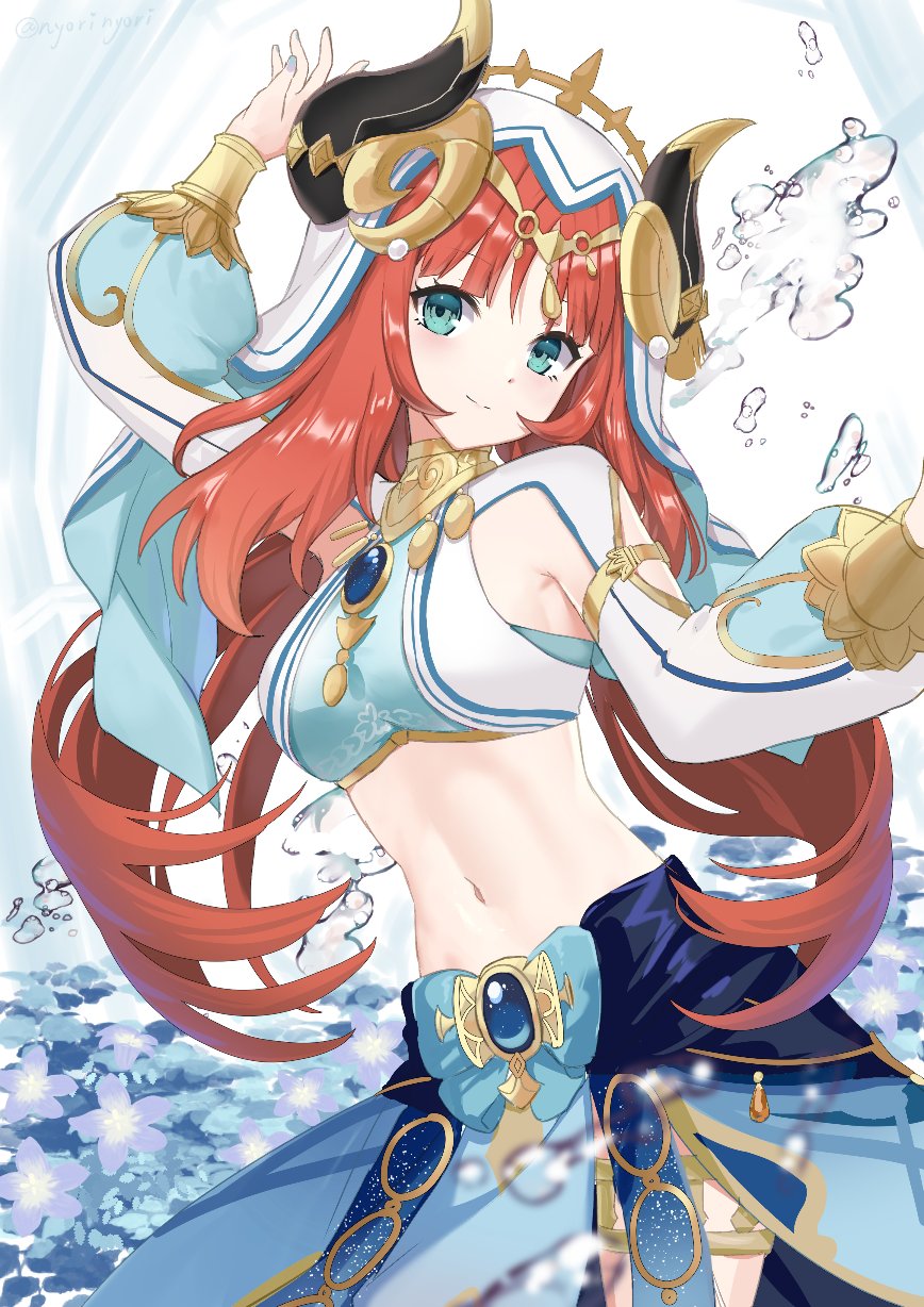 1girl aqua_eyes arabian_clothes arm_up armpit_crease bangs blue_nails blush bracelet breasts brooch commentary_request crop_top curled_horns eyelashes forehead_jewel gem genshin_impact gold_trim harem_outfit highres horns jewelry long_hair long_sleeves medium_breasts midriff narrow_waist navel necklace nilou_(genshin_impact) nyori open_mouth pelvic_curtain puffy_long_sleeves puffy_sleeves red_hair revealing_clothes side_slit skirt smile solo sparkle stomach twitter_username upper_body veil water