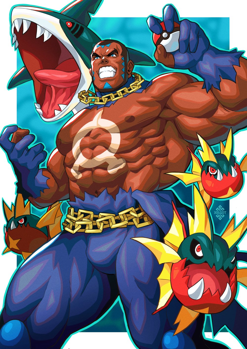 1boy abs bara black_hair blue_bodysuit blue_eyes bodysuit carvanha chain chain_necklace chest_tattoo clenched_teeth dark-skinned_male dark_skin highres holding holding_poke_ball jewelry large_pectorals male_focus matt_(pokemon) muscular muscular_male navel necklace nipples pectorals poke_ball pokemon pokemon_(creature) pokemon_(game) pokemon_rse sharpedo short_hair tattoo teeth thick_thighs thighs torn_bodysuit torn_clothes very_short_hair xelgot