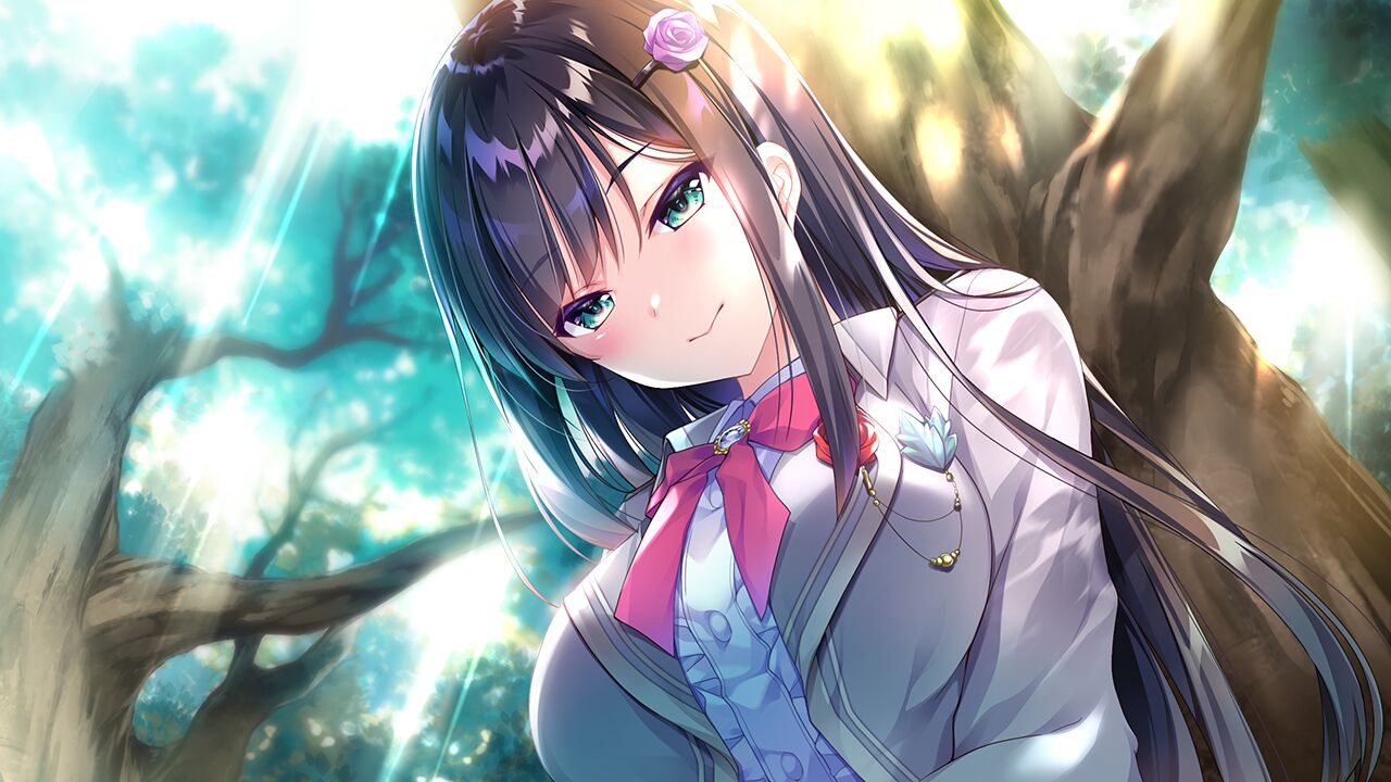 1girl bangs black_hair blazer blush bow bowtie closed_mouth dress_shirt flower forest from_below game_cg green_eyes hair_between_eyes hair_flower hair_ornament hoshi_no_otome_to_rikka_no_shimai jacket kokonoe_sumire long_hair long_sleeves looking_at_viewer mutou_kurihito nanotaro nature open_clothes open_jacket outdoors pink_flower pink_rose red_bow red_bowtie rose school_uniform shiny shiny_hair shirt smile solo sunlight upper_body very_long_hair white_shirt