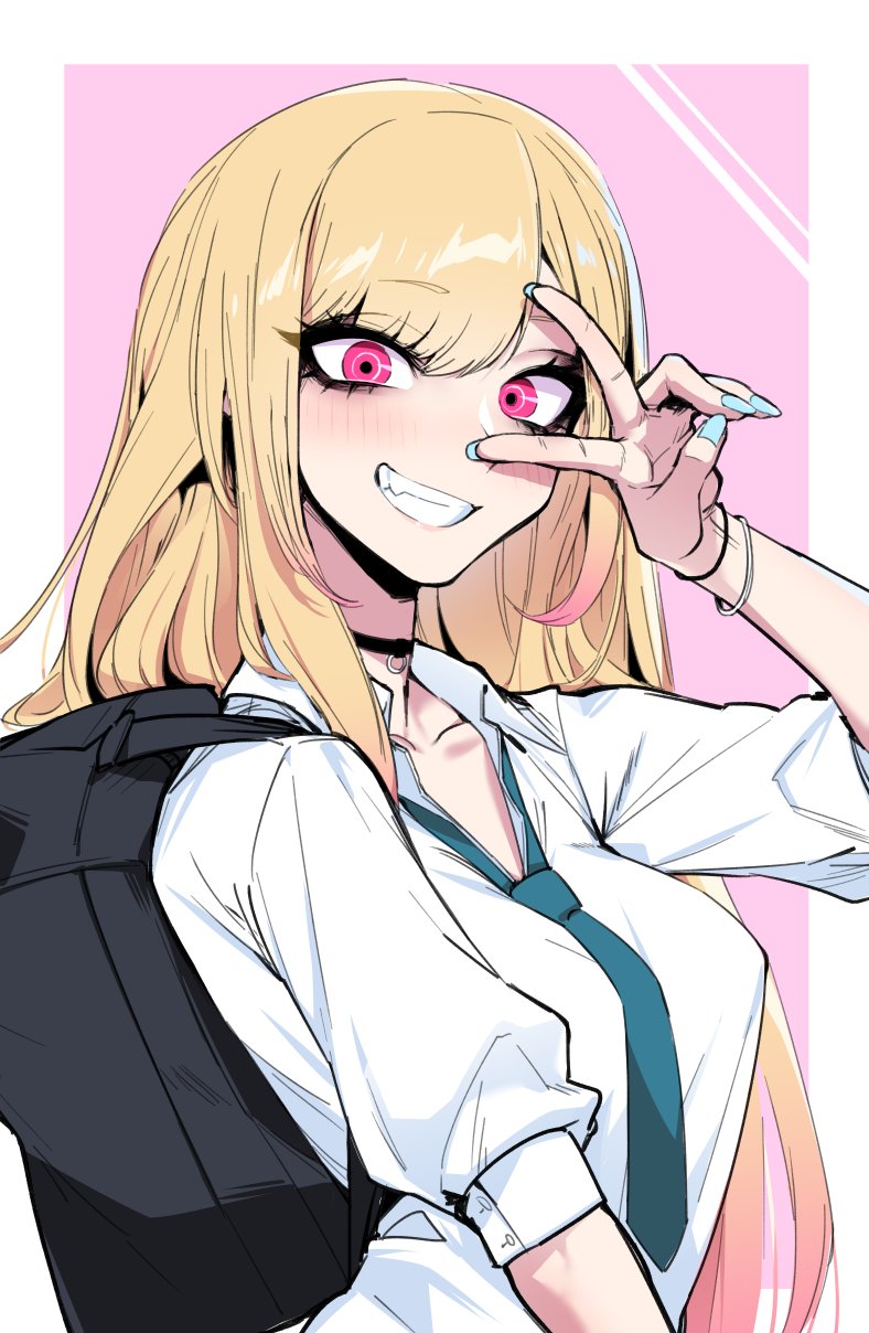 1girl arm_up bag blonde_hair blush bracelet choker highres j.k. jewelry kitagawa_marin looking_at_viewer loose_necktie nail_polish necktie pink_background pink_eyes short_sleeves shoulder_bag smile solo sono_bisque_doll_wa_koi_wo_suru teeth two-tone_background v white_background