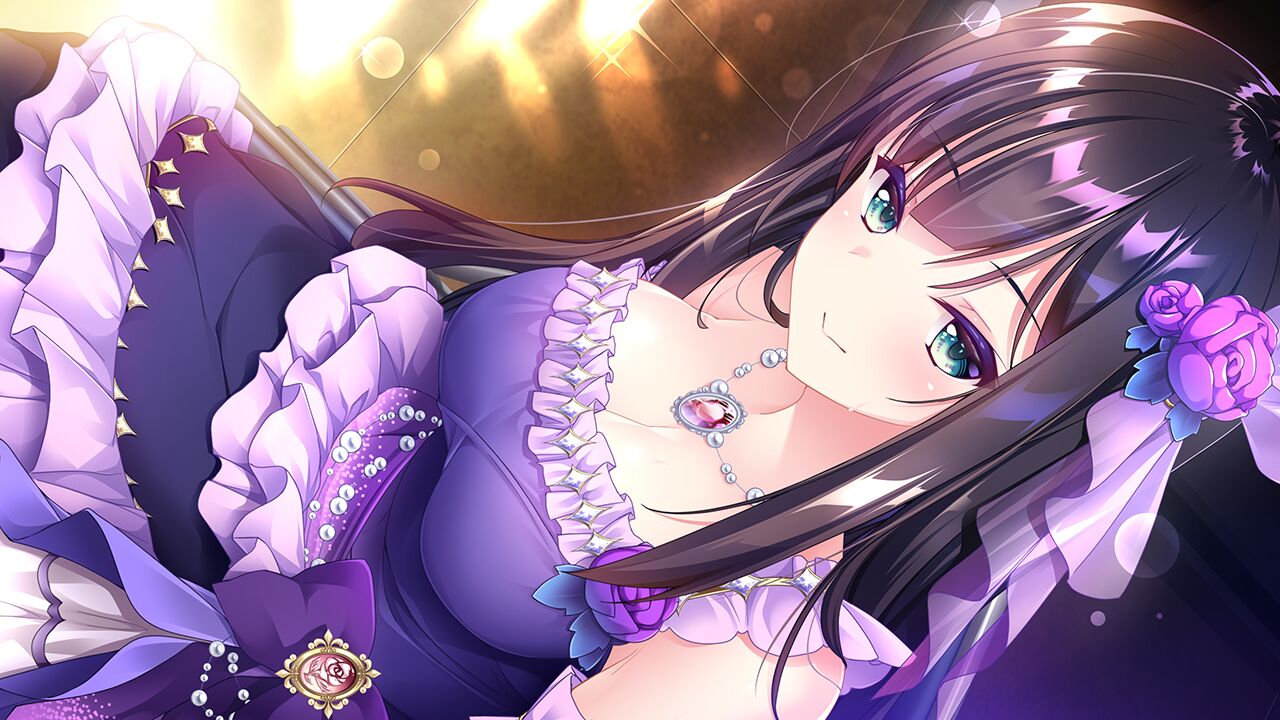 1girl bangs black_hair breasts cleavage closed_mouth dress dutch_angle flower game_cg gem green_eyes hair_flower hair_ornament hoshi_no_otome_to_rikka_no_shimai jewelry kokonoe_sumire lens_flare long_hair medium_breasts mutou_kurihito nanotaro necklace pink_flower purple_dress red_gemstone shiny shiny_hair sitting sleeveless sleeveless_dress smile solo sparkle