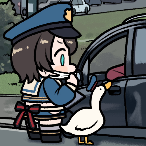 1girl aqua_eyes bird blue_sleeves brown_hair bush car chibi commentary_request duck full_body grass ground_vehicle hat hololive jazz_jack long_sleeves looking_at_viewer lowres mask motor_vehicle mouth_mask oozora_subaru outdoors police_hat short_hair skirt solid_circle_eyes solo standing subaru_duck traffic virtual_youtuber