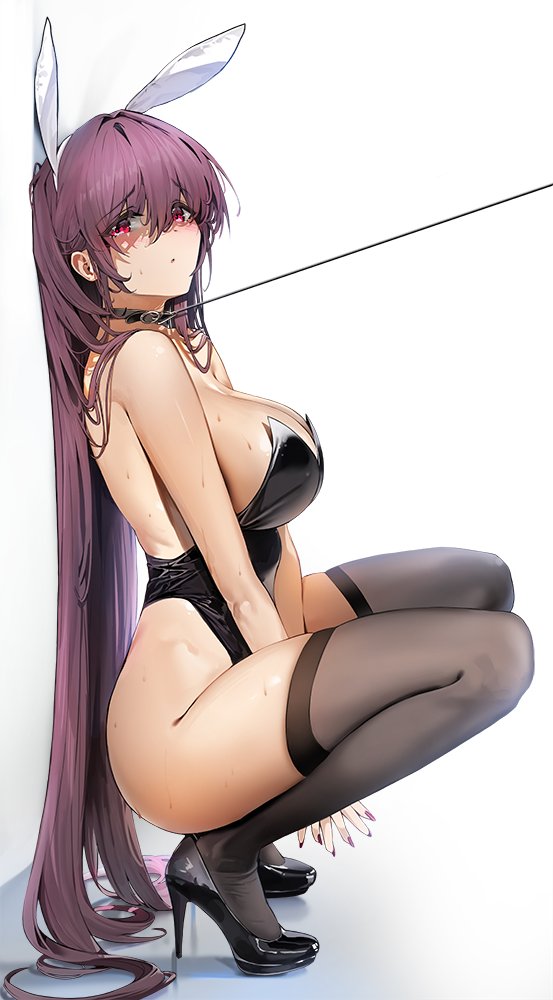 1girl animal_ears bangs bare_shoulders black_collar black_footwear black_leotard black_thighhighs blush breasts collar commentary damda fake_animal_ears fate/grand_order fate_(series) from_side full_body high_heels highleg highleg_leotard large_breasts leash leotard looking_at_viewer looking_to_the_side nail_polish playboy_bunny purple_hair purple_nails rabbit_ears red_eyes scathach_(fate) simple_background solo squatting symbol-only_commentary thighhighs thighs white_background