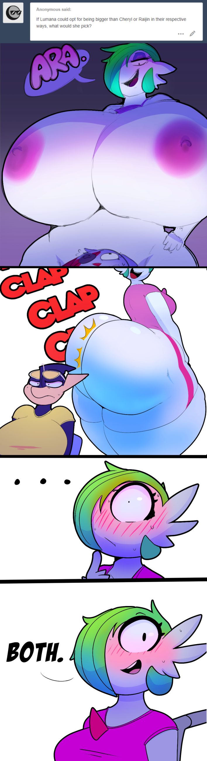 ... 2018 absurd_res anthro areola ass_clapping big_breasts big_butt blush bottomwear breasts butt capdocks cheryl_(capdocks) clothed clothing dot_eyes english_text eye_patch eyewear eyewear_on_head female gardevoir generation_3_pokemon generation_6_pokemon greninja group hair hair_over_eye half-closed_eyes hi_res huge_breasts huge_butt huge_hips huge_thighs humanoid hyper hyper_breasts hyper_butt looking_at_viewer lumana_(capdocks) multicolored_body narrowed_eyes nintendo nipples one_eye_obstructed onomatopoeia open_mouth pink_areola pink_nipples pokemon pokemon_(species) question_mark raijin_(capdocks) raised_clothing raised_shirt raised_topwear shirt shorts sound_effects speech_bubble sunglasses sunglasses_on_head text thick_thighs topwear trio two_tone_body video_games white_body wide_hips zangoose