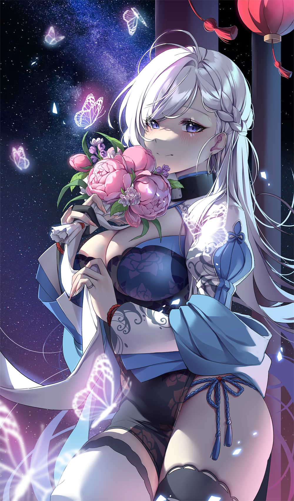 1girl asymmetrical_legwear azur_lane bangs belfast_(azur_lane) belfast_(iridescent_rosa)_(azur_lane) blue_dress blush bouquet braid breasts bug butterfly china_dress chinese_clothes cleavage closed_mouth collar crown_braid dress fingernails floral_print flower hand_up highres jewelry large_breasts looking_at_viewer mismatched_legwear night night_sky official_alternate_costume outdoors pink_flower pink_nails pink_rose purple_eyes ring rose side-tie_dress side_slit skindentation sky solo star_(sky) starry_sky swept_bangs tacco_(tikeworld) tassel thighhighs thighs white_hair
