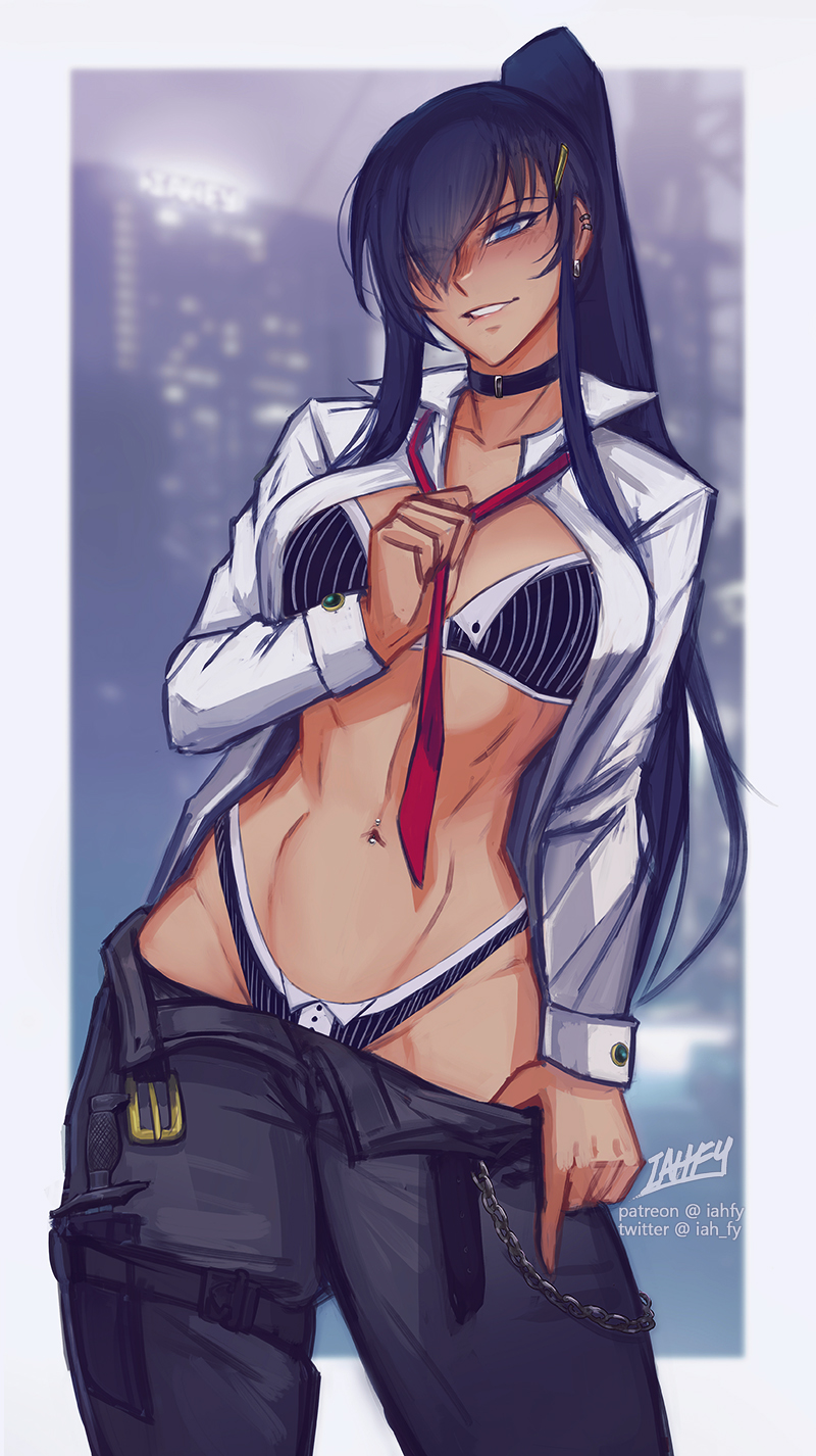 1girl artist_name bangs belt biting black_choker black_hair black_pants blue_eyes bra breasts busujima_saeko chain choker clothes_pull commentary cowboy_shot dress_shirt ear_piercing earrings english_commentary hair_ornament hair_over_one_eye hairclip highleg highleg_panties highres highschool_of_the_dead holster iahfy jewelry knife large_breasts lip_biting long_hair long_sleeves looking_at_viewer navel navel_piercing necktie open_belt open_clothes open_shirt panties pants pants_pull parted_lips patreon_username piercing ponytail red_necktie shirt sidelocks smile solo stomach thigh_holster toned twitter_username underwear undressing very_long_hair