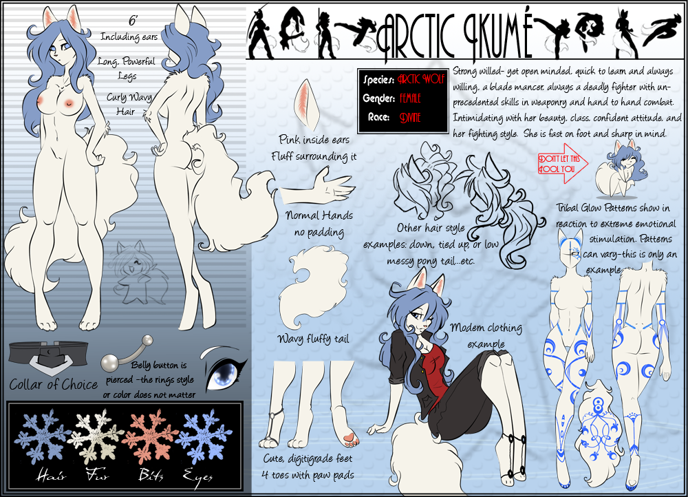 arctic-sekai arctic_ikum&eacute; arctic_wolf blue_eyes blue_hair breasts canid canine canis clothed clothing collar english_text female fur hair mammal markings model_sheet nude pussy solo text white_fur wolf