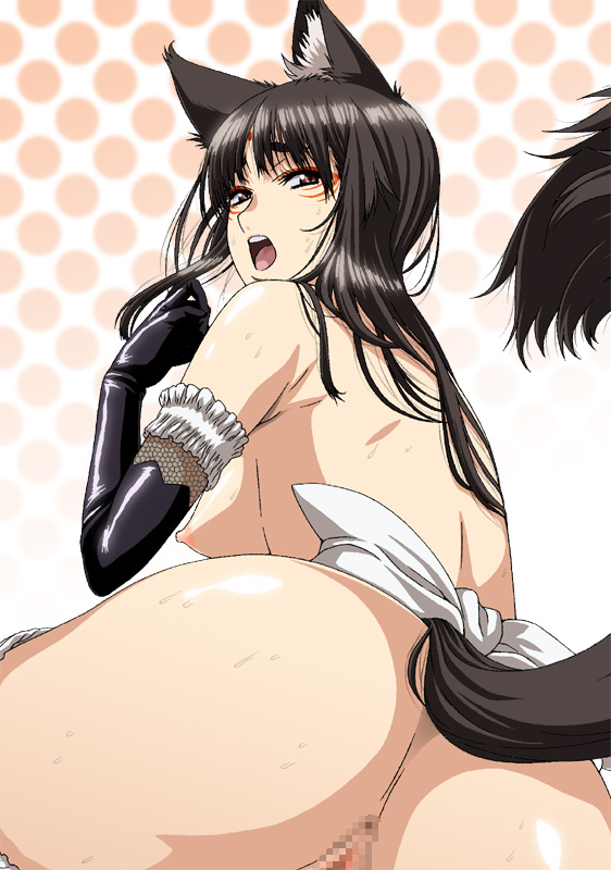 animal_ears ass black_hair brown_eyes cat_ears censored elbow_gloves gloves isse looking_back nude original pussy solo tail