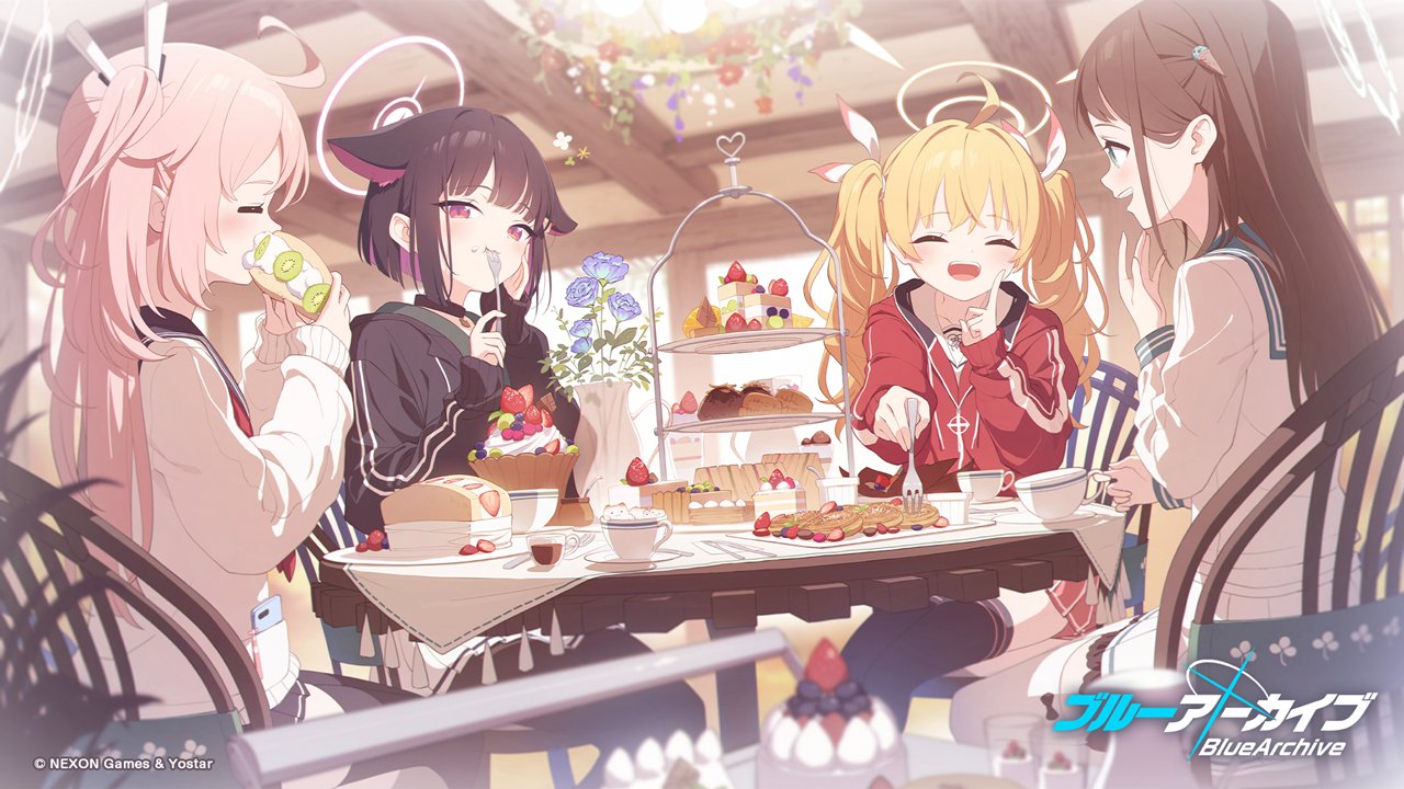 4girls ahoge airi_(blue_archive) animal_ears bangs black_choker black_hair black_sailor_collar black_thighhighs blonde_hair blue_archive blue_sailor_collar blush brown_hair cake cake_slice cardigan chair choker collarbone colored_inner_hair cream creamer_(vessel) cup dessert flower food food-themed_hair_ornament fork frilled_skirt frills fruit green_eyes hair_ornament hair_ribbon hairclip halo hennnachoco holding hood hooded_jacket ice_cream_hair_ornament indoors jacket kazusa_(blue_archive) long_hair long_sleeves miniskirt multicolored_hair multiple_girls natsu_(blue_archive) neckerchief open_mouth pantyhose parfait pastry pink_eyes pink_hair pink_neckerchief pleated_skirt red_jacket red_neckerchief ribbon sailor_collar sandwich saucer school_uniform serafuku short_hair side_ponytail sitting skirt strawberry sweets table tablecloth teacup thighhighs tiered_tray track_jacket translucent twintails two-tone_hair white_cardigan white_serafuku white_skirt yoshimi_(blue_archive)