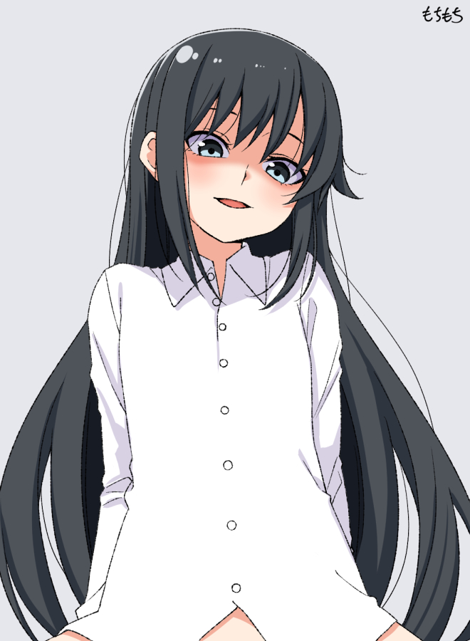 1girl artist_name asashio_(kancolle) black_hair blue_eyes blush buttons collared_shirt evil_smile grey_background kantai_collection long_hair long_sleeves moti_coi one-hour_drawing_challenge open_mouth shaded_face shirt signature simple_background smile solo upper_body white_shirt