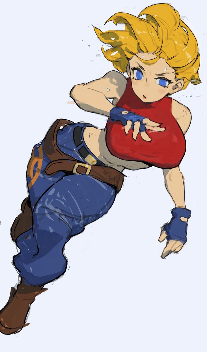 baggy_pants bare_shoulders belt beltskirt blonde_hair blue_eyes blue_gloves blue_mary breasts brown_footwear covered_nipples crop_top denim fingerless_gloves forehead gloves hibaneim highres jeans jumping large_breasts looking_at_viewer loose_belt medium_hair midriff pants parted_lips simple_background sketch sleeveless_turtleneck_crop_top straight_hair sweat the_king_of_fighters turtleneck_crop_top