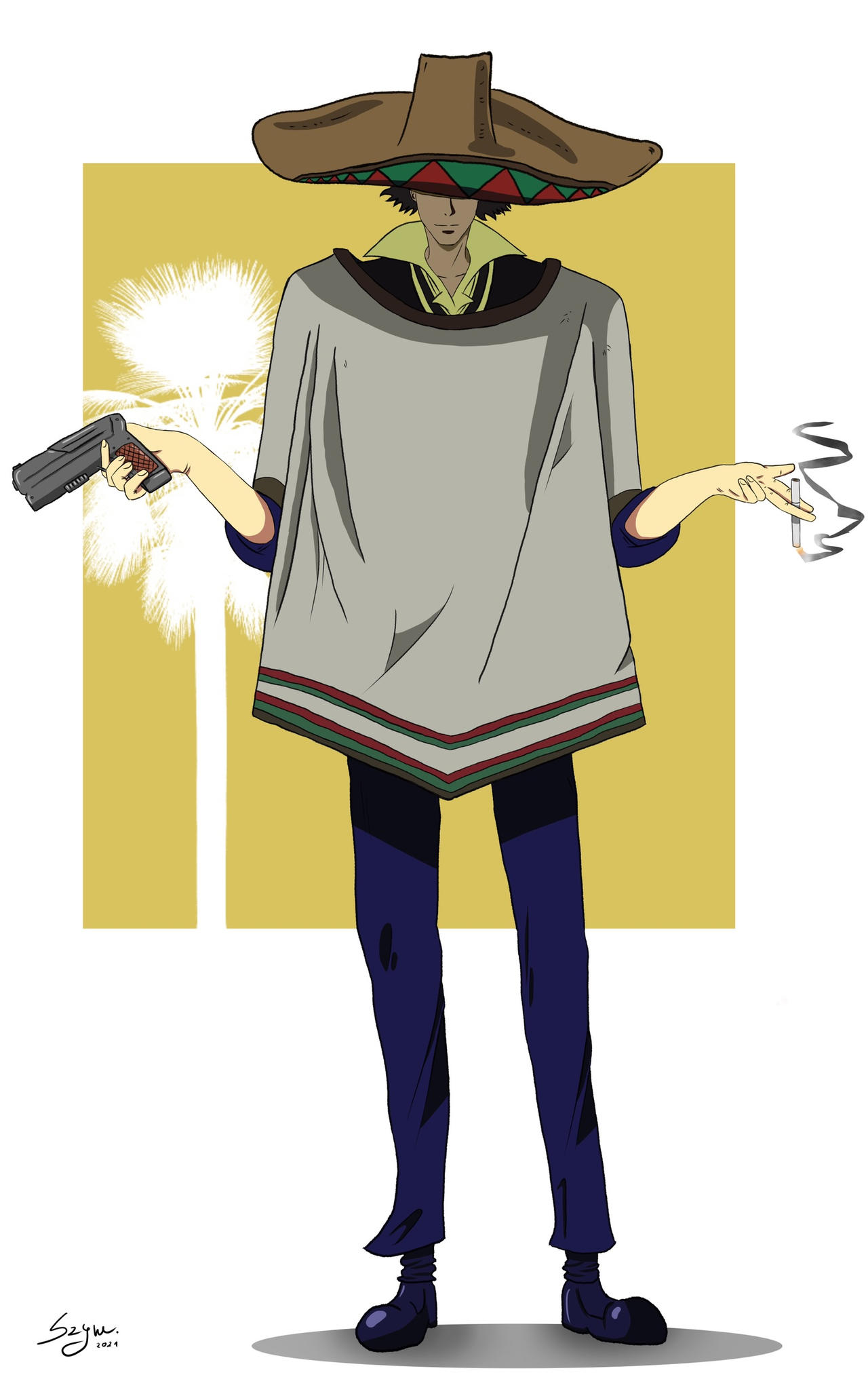 1boy blue_footwear brigadefuhrer cigarette closed_mouth cowboy_bebop full_body gun hat highres holding holding_gun holding_weapon palm_tree poncho smoke solo sombrero spike_spiegel spiked_hair standing tree weapon