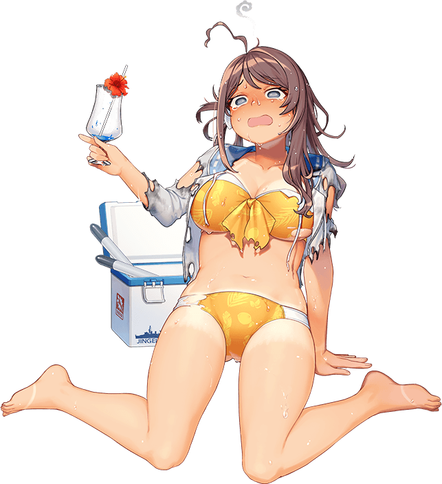 1girl ahoge akasaka_yuzu bare_legs barefoot bikini breasts brown_hair chougei_(kancolle) cleavage collarbone cup drinking_glass front-tie_bikini_top front-tie_top full_body holding holding_cup jacket kantai_collection large_breasts long_hair navel official_art open_clothes open_jacket orange_bikini solo stomach sweat sweatdrop swimsuit tan tanlines tears torn_clothes torn_jacket transparent_background two-tone_bikini water white_jacket