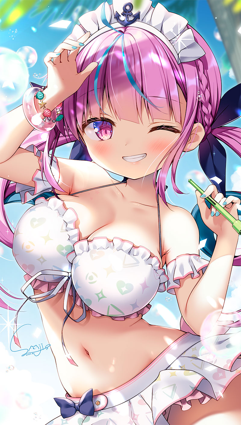 1girl arm_up bangs bare_shoulders bikini bikini_skirt black_ribbon blue_hair blue_nails blue_sky bracelet braid breasts bubble bubble_wand cleavage cloud collarbone commentary_request day frilled_bikini frills front-tie_bikini_top front-tie_top grin hair_ribbon hand_up highres holding hololive jewelry large_breasts long_hair looking_at_viewer minato_aqua multicolored_hair nail_polish navel one_eye_closed outdoors palm_tree pink_hair purple_eyes ribbon sasai_saji seashell_bracelet signature sky smile solo streaked_hair swimsuit tree twintails two-tone_hair very_long_hair virtual_youtuber white_bikini
