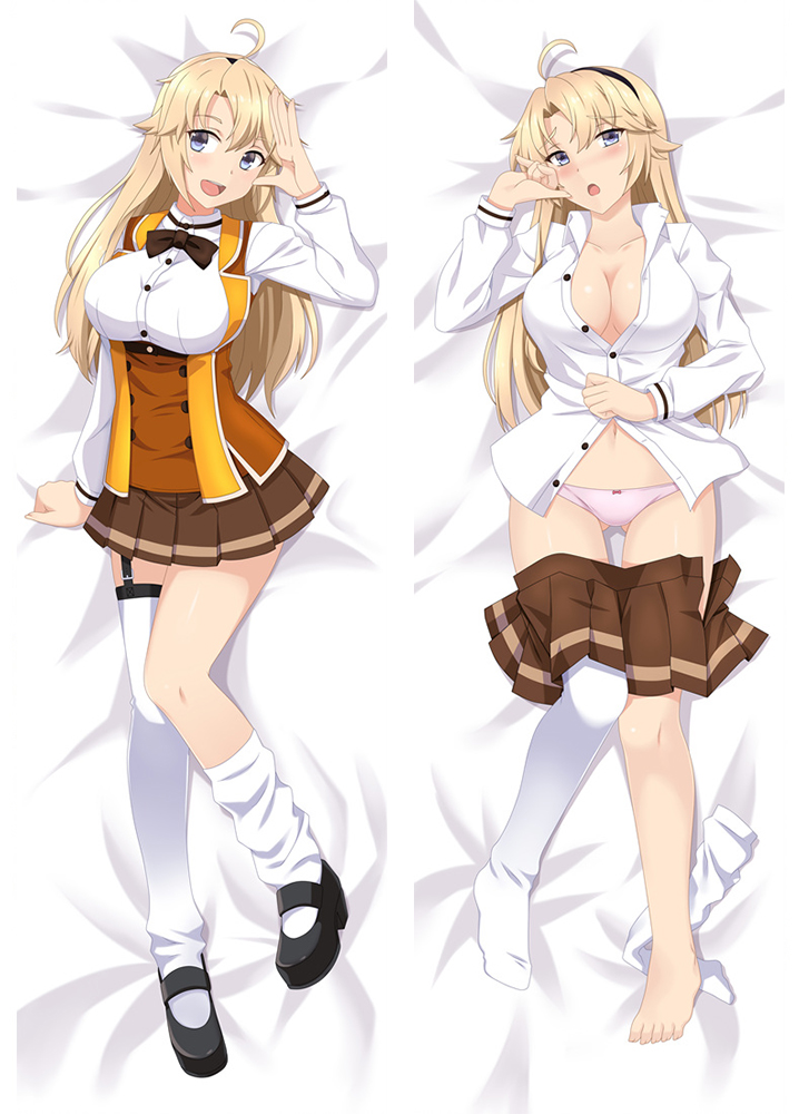 1girl ahoge asymmetrical_legwear black_footwear black_hairband blonde_hair blue_eyes breasts brown_skirt collared_shirt dakimakura_(medium) garter_straps hairband kohagura_ellen large_breasts long_hair long_sleeves loose_socks mary_janes miniskirt moeanime orange_vest osafune_girls_academy_uniform panties pink_panties pleated_skirt shirt shoes single_thighhigh skirt socks thighhighs toji_no_miko underwear vest white_shirt white_socks white_thighhighs