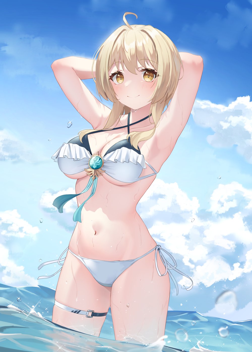 1girl ahoge armpits arms_behind_head arms_up bare_arms bare_shoulders bikini blonde_hair breasts cleavage closed_mouth collarbone criss-cross_halter day frilled_bikini frills genshin_impact halterneck highres looking_at_viewer lumine_(genshin_impact) medium_breasts navel outdoors shands short_hair_with_long_locks side-tie_bikini_bottom skindentation smile solo standing stomach string_bikini swimsuit thigh_strap thighs vision_(genshin_impact) wading water wet white_bikini yellow_eyes