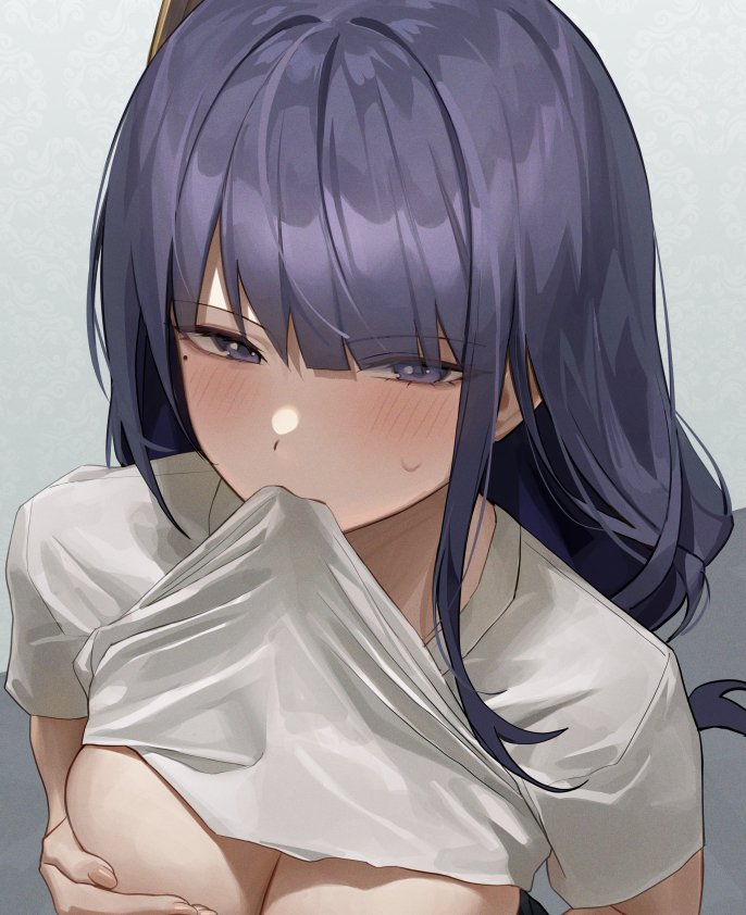 1girl alternate_costume bangs banned_artist blush breasts clothes_in_mouth clothes_lift covering covering_breasts genshin_impact grey_background hinaki_(hinaki_0102) large_breasts lifted_by_self long_hair looking_at_viewer mole mole_under_eye mouth_hold purple_eyes purple_hair raiden_shogun shirt shirt_in_mouth shirt_lift short_sleeves simple_background solo sweat upper_body white_shirt