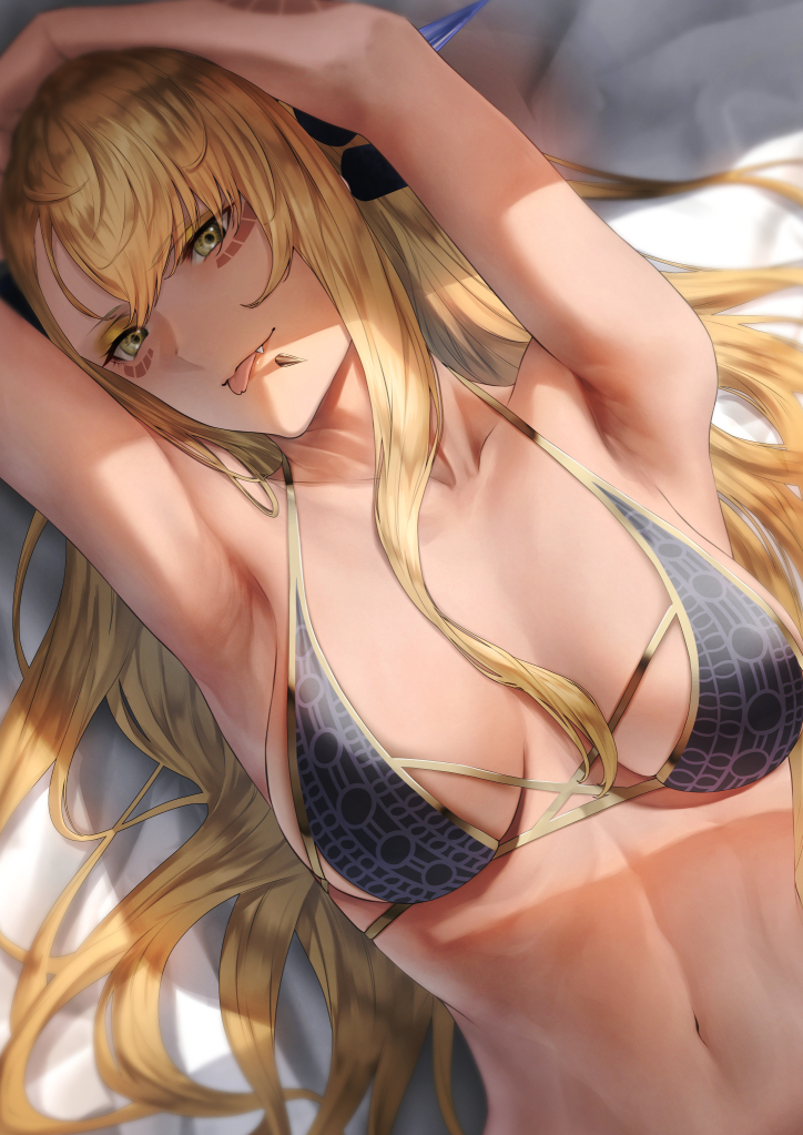 1girl :p armpits arms_up bangs bare_shoulders bed_sheet bikini black_bikini blonde_hair breasts chin_piercing cleavage collarbone commentary_request dark-skinned_female dark_skin dragon_girl dragon_horns facial_mark fang fate/grand_order fate_(series) horns large_breasts long_hair looking_at_viewer lying medium_breasts mugetsu2501 navel on_back smile solo swept_bangs swimsuit tongue tongue_out upper_body vritra_(fate) vritra_(ocean_flyer)_(fate) yellow_eyes