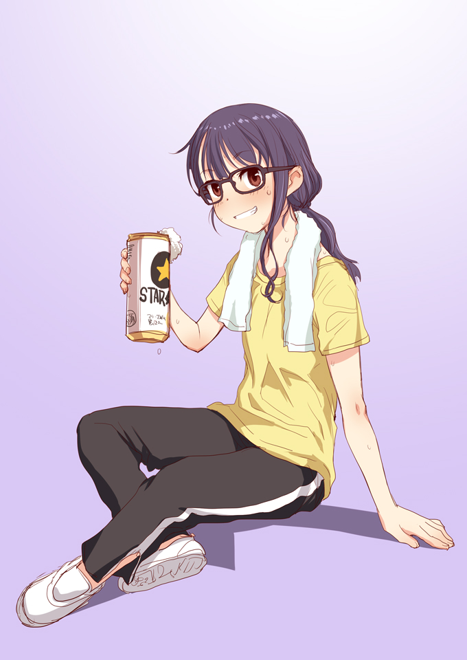 1girl alcohol beer beer_can brown_eyes can glasses gradient gradient_background grin holding long_hair oogaki_chiaki pants ponytail purple_hair sakaki_imasato shirt simple_background sitting smile solo sweat t-shirt towel towel_around_neck track_pants yurucamp