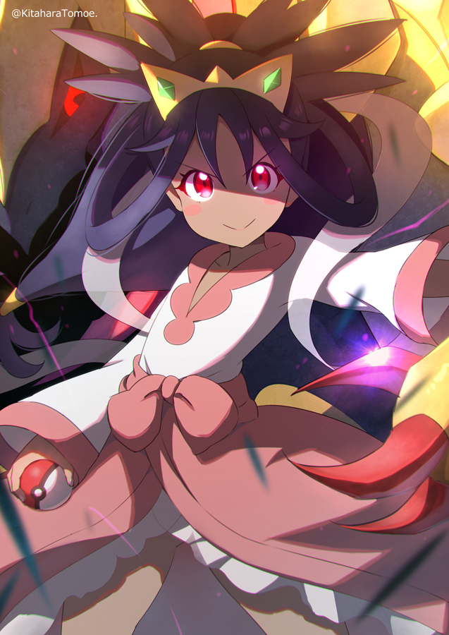 &gt;:) 1girl bangs black_hair closed_mouth dark-skinned_female dark_skin dress frills glowing glowing_eyes hair_rings haxorus holding iris_(pokemon) kitahara_tomoe_(kitahara_koubou) long_sleeves outstretched_arm pink_dress poke_ball pokemon pokemon_(game) pokemon_bw2 ponytail red_eyes ribbon solo standing tiara twitter_username v-shaped_eyebrows