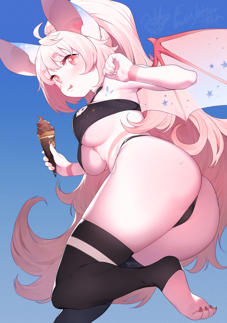 +_+ 1girl :3 ahoge animal_ears animal_feet animal_nose armpits artist_name ass bangs bat_ears bat_girl bat_wings bikini black_bikini black_thighhighs blue_background blue_sky breasts claws closed_mouth colored_skin commentary_request commission day food furry furry_female gradient gradient_background gradient_sky hands_up happy heart highres holding holding_food ice_cream ice_cream_cone leaning_forward leg_up licking_lips long_hair looking_at_viewer medium_breasts mizone nail_polish original outdoors partial_commentary pink_hair pink_nails ponytail red_eyes sidelocks signature simple_background skeb_commission skindentation sky smile solo spiked_wings standing standing_on_one_leg star_(symbol) swimsuit thick_thighs thighhighs thighs toeless_legwear tongue tongue_out underboob waffle_cone white_skin white_wings wings