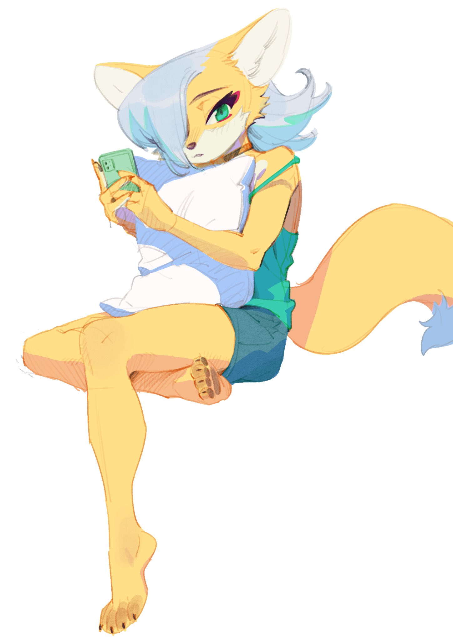 1girl animal_ear_fluff animal_ears animal_feet animal_hands animal_nose aqua_shorts asymmetrical_bangs bangs bare_shoulders barefoot black_choker blue_hair blush body_fur cellphone choker claws commentary_request crossed_legs expressionless feet fox_ears fox_girl fox_tail full_body furry furry_female green_eyes green_shirt hair_over_one_eye hands_up highres holding holding_phone inuki_(aruurara) invisible_chair legs light_blush looking_at_viewer object_hug one_eye_covered original own_hands_together parted_lips pawpads phone pillow pillow_hug shirt short_hair short_shorts shorts simple_background sitting sketch sleeveless sleeveless_shirt smartphone solo spaghetti_strap strap_slip tail two-tone_fur white_background white_fur yellow_fur