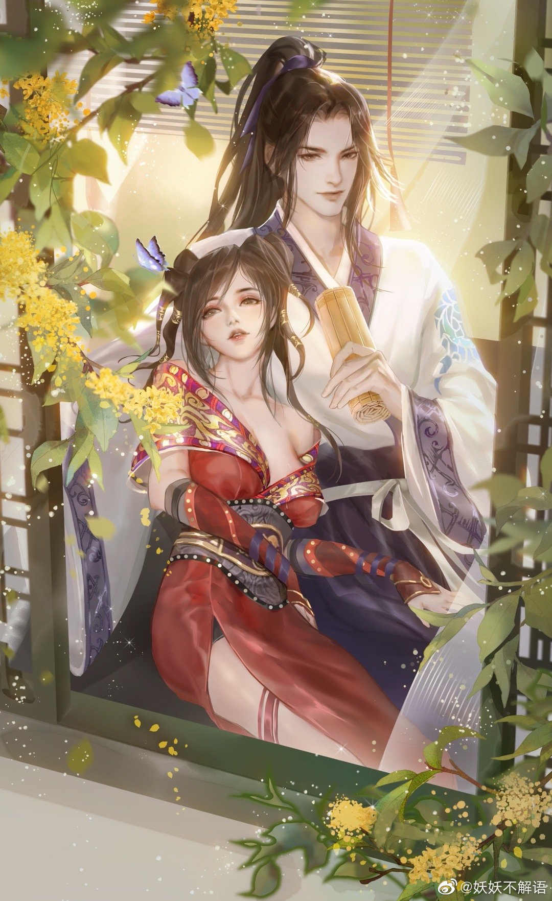 1boy 1girl bare_shoulders brown_hair bug butterfly character_request chi_lian_(qin_shi_ming_yue) curtains dixin_jumin_li_huahua dress falling_petals highres leaning_on_person looking_up parted_lips petals ponytail qin_shi_ming_yue red_dress second-party_source shiny shiny_hair sitting upper_body window windowsill