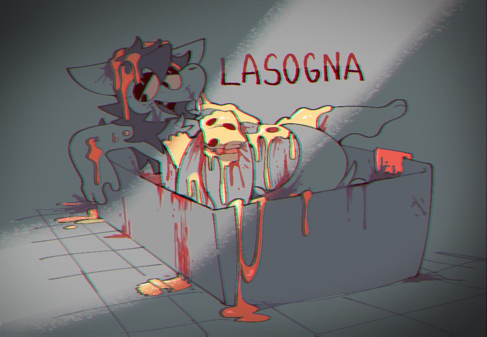 3_fingers anthro bathing bathtub canid canine canis cheese dairy_products domestic_dog fangs fingers floor food fur fur_tuft hair half-closed_eyes lasagna lying male mammal messy_hair narrowed_eyes nude pasta sauce simple_background sog_(squishy) solo squishy_(artist) tile tile_floor tuft