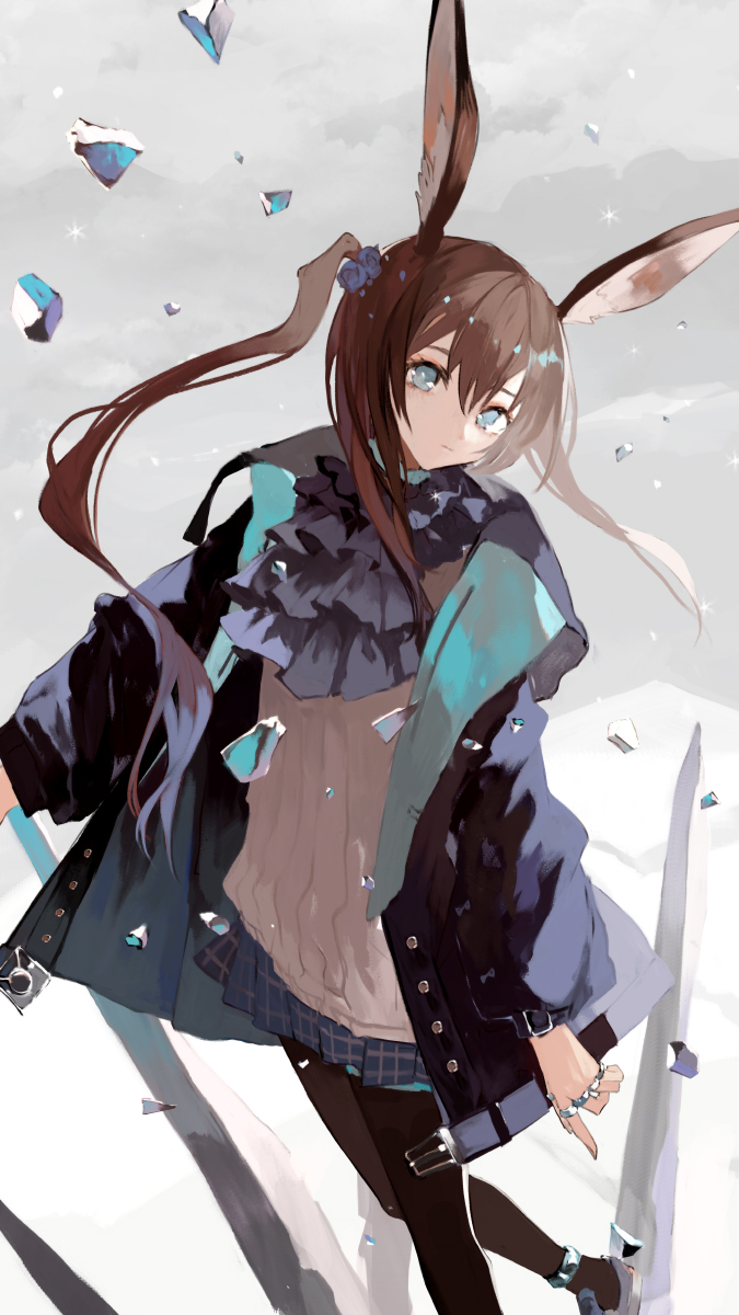 1girl amiya_(arknights) animal_ear_fluff animal_ears anklet arknights asahiro ascot black_ascot black_coat black_pantyhose blue_eyes blue_flower blue_rose blue_skirt brown_hair closed_mouth coat feet_out_of_frame flower grey_background hair_flower hair_ornament highres jewelry long_hair long_sleeves looking_at_viewer miniskirt multiple_rings open_clothes open_coat pantyhose plaid plaid_skirt pleated_skirt ponytail rabbit_ears ring rose shirt sidelocks skirt smile solo white_shirt