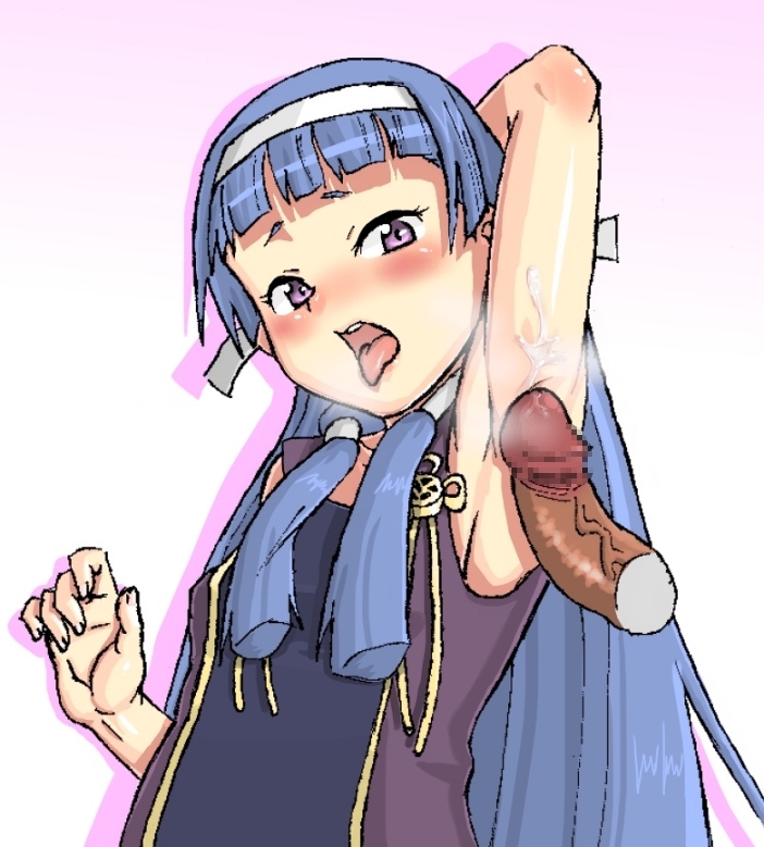 1girl armpit_sex armpits blue_hair blush censored cum cum_on_body cum_on_upper_body disembodied_penis hair_tubes hetero kannagi long_hair nagi penis purple_eyes seritsumi solo_focus tongue