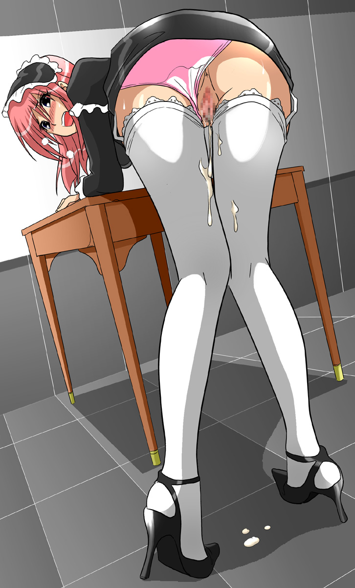 after_sex anus bad_id bad_pixiv_id bent_over blush censored copyright_request cum cum_in_pussy cumdrip high_heels highres knees_together_feet_apart legs_together looking_back maid panties panties_aside pink_hair pink_panties pussy shoes shou0829 solo thighhighs underwear white_legwear