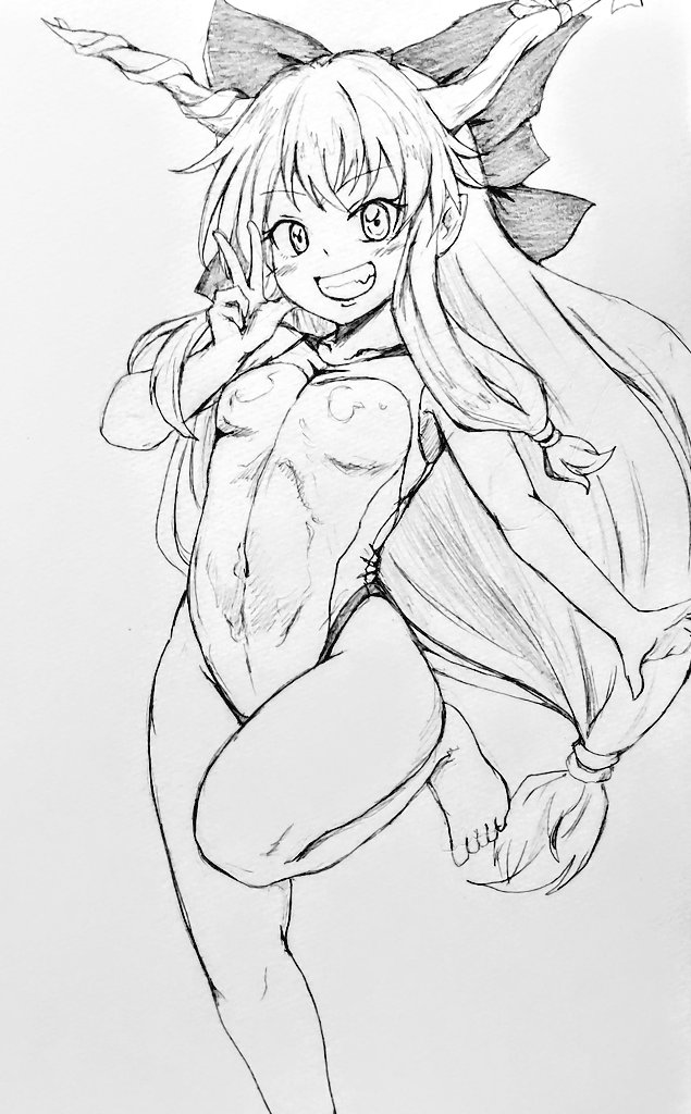 1girl bow breasts competition_swimsuit d-m_(dii_emu) grin hair_bow horns ibuki_suika leg_up long_hair looking_at_viewer low-tied_long_hair monochrome navel one-piece_swimsuit sidelocks simple_background small_breasts smile solo swimsuit touhou traditional_media w