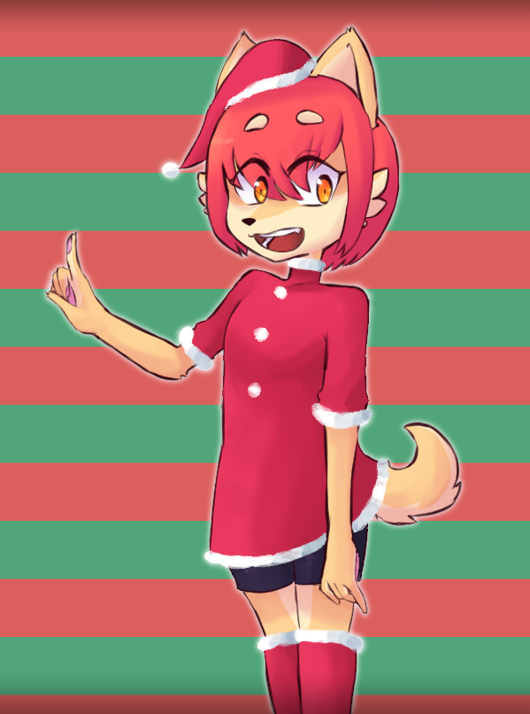 2021 anthro bullyableshiba canid canine canis christmas christmas_clothing clothing digital_media_(artwork) domestic_dog ellie_rinette female fur hair holidays mammal open_mouth orange_eyes pawpads red_clothing red_hair shiba_inu simple_background solo spitz