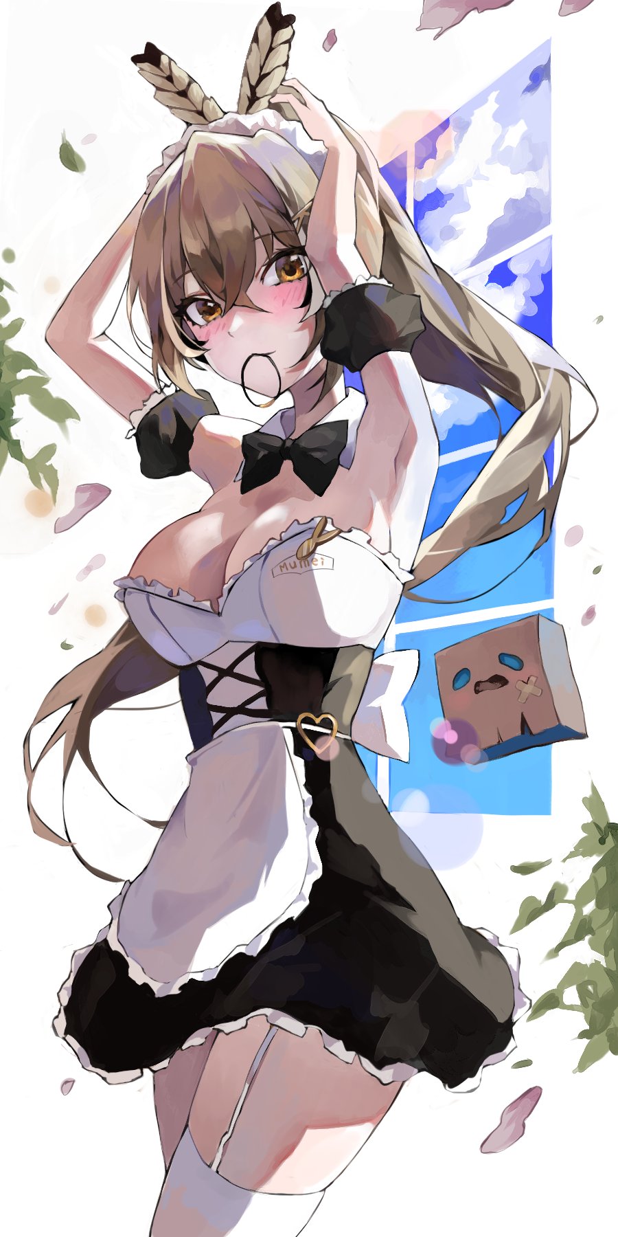 1girl ahoge alternate_costume apron arms_up bangs bodice brown_eyes brown_hair detached_collar feather_hair_ornament feathers friend_(nanashi_mumei) garter_straps hair_ornament hair_tie hairclip highres hololive hololive_english long_hair looking_at_viewer maid maid_apron maid_headdress mouth_hold muffin_(loveenanag) multicolored_hair nanashi_mumei ponytail ribbon streaked_hair thighhighs very_long_hair virtual_youtuber window