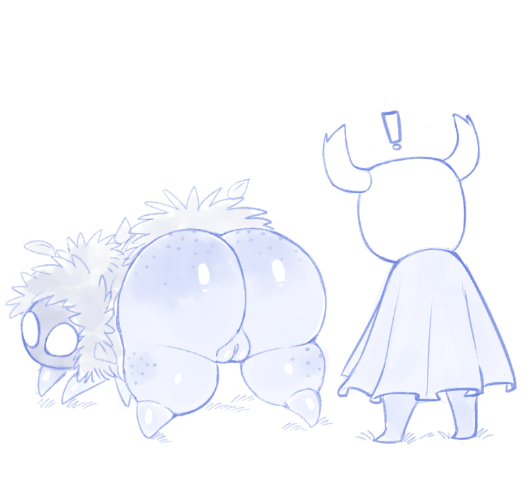 ambiguous_gender anthro arthropod big_butt butt cloak clothing creamygravy duo exclamation_point female feral genitals hollow_knight huge_butt monochrome mosscreep protagonist_(hollow_knight) pussy team_cherry thick_thighs vessel_(species) video_games