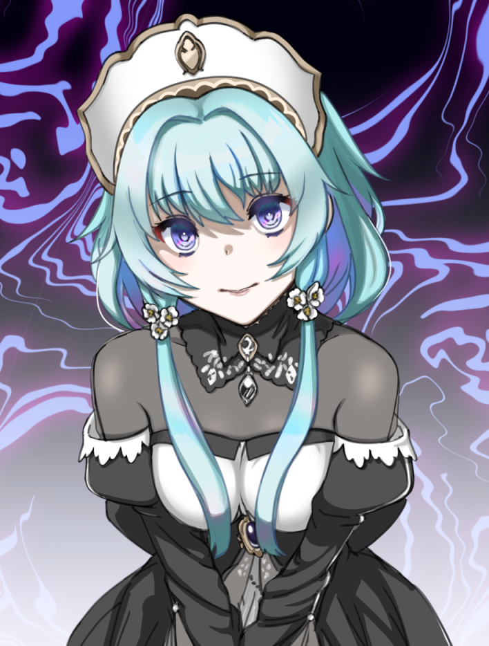 bangs black_collar black_dress blue_eyes blue_gemstone blue_hair bonnet collar detached_collar dress evil_smile flower gem grey_gemstone grey_shirt hair_flower hair_intakes hair_ornament head_tilt juliet_sleeves leaning_forward long_hair long_sleeves looking_at_viewer magia_record:_mahou_shoujo_madoka_magica_gaiden magical_girl mahou_shoujo_madoka_magica nnkn49230301 off-shoulder_dress off_shoulder puffy_sleeves sena_mikoto shirt shirt_under_dress sinister smile twintails white_flower white_headwear