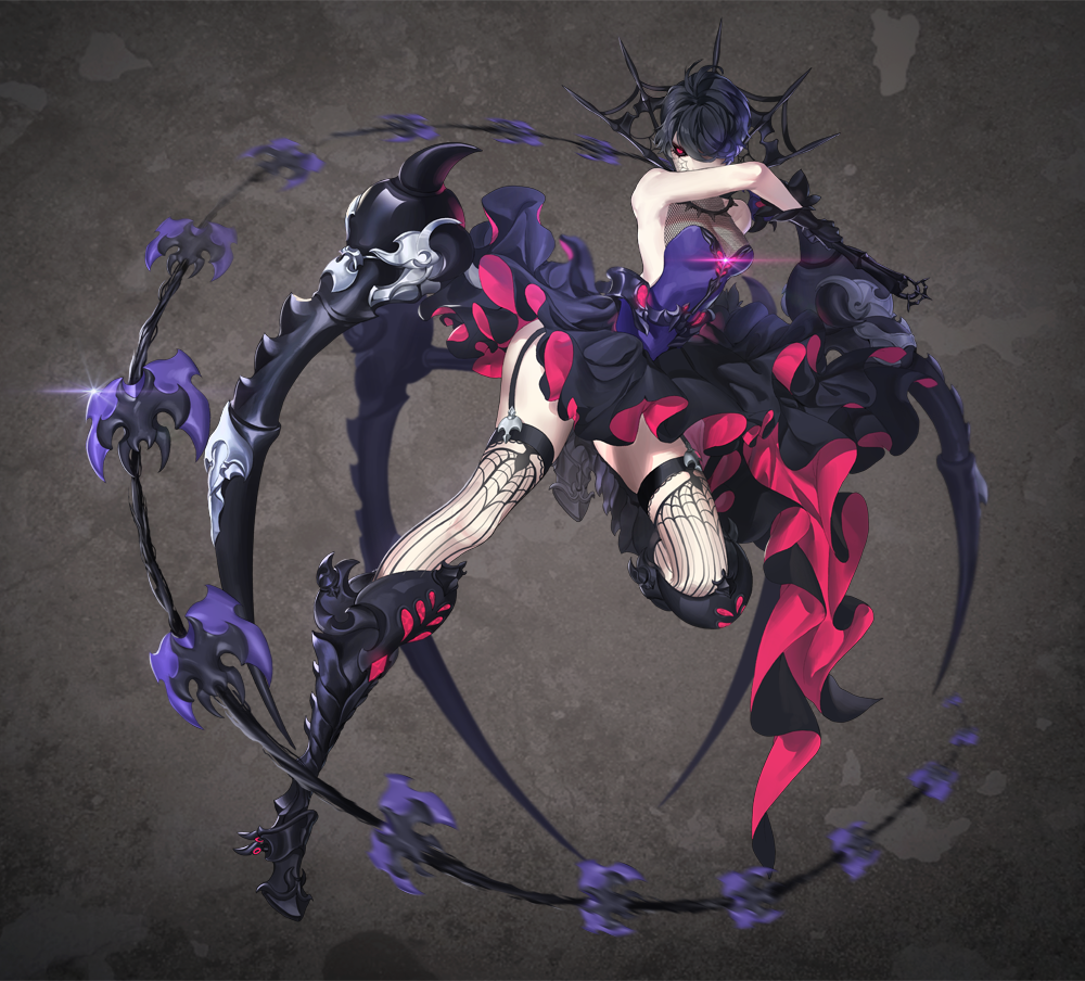 1girl antenna_hair arm_behind_back armor arthropod_limbs bare_shoulders black_armor black_dress black_gloves black_hair black_sclera black_thighhighs colored_sclera dress extra_legs facial_tattoo garter_straps glint gloves greaves holding holding_sword holding_weapon holding_whip incoming_attack leg_up lens_flare motion_blur multicolored_clothes multicolored_dress original purple_dress red_eyes sai4898 short_hair silk slit_pupils solo spider_web spider_web_tattoo sword tattoo thighhighs two-tone_dress weapon whip whip_sword