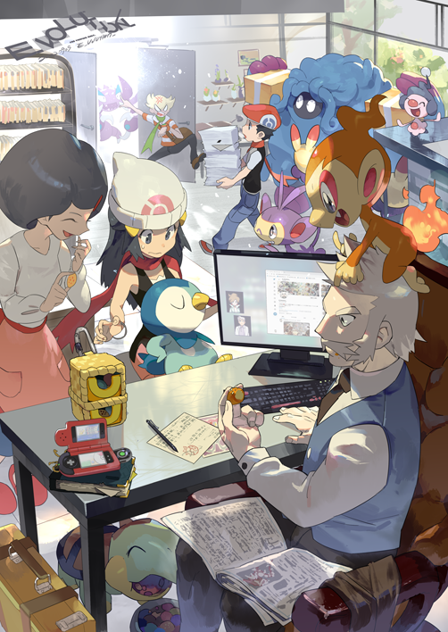 2girls 3boys ambipom anger_vein apron barry_(pokemon) beanie black_shirt blonde_hair blue_vest box cardboard_box chimchar dawn_(pokemon) desk drapion e_volution hat holding indoors johanna_(pokemon) keyboard_(computer) long_sleeves lucas_(pokemon) mime_jr. monitor multiple_boys multiple_girls necktie on_head on_lap paper pink_apron piplup pointing pokemon pokemon_(creature) pokemon_(game) pokemon_dppt pokemon_on_head pokemon_on_lap rowan_(pokemon) scarf shelf shirt sitting sleeveless sleeveless_shirt tangrowth turtwig vest waist_apron white_shirt