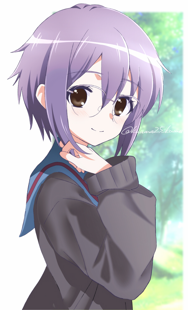 1girl anime_coloring artist_name bangs blue_sailor_collar blush brown_cardigan cardigan closed_mouth commentary_request glasses kita_high_school_uniform kuuma25_kuma long_sleeves looking_at_viewer looking_to_the_side nagato_yuki nagato_yuki-chan_no_shoushitsu official_style purple_hair sailor_collar school_uniform serafuku short_hair smile solo suzumiya_haruhi_no_shoushitsu suzumiya_haruhi_no_yuuutsu twitter_username watermark