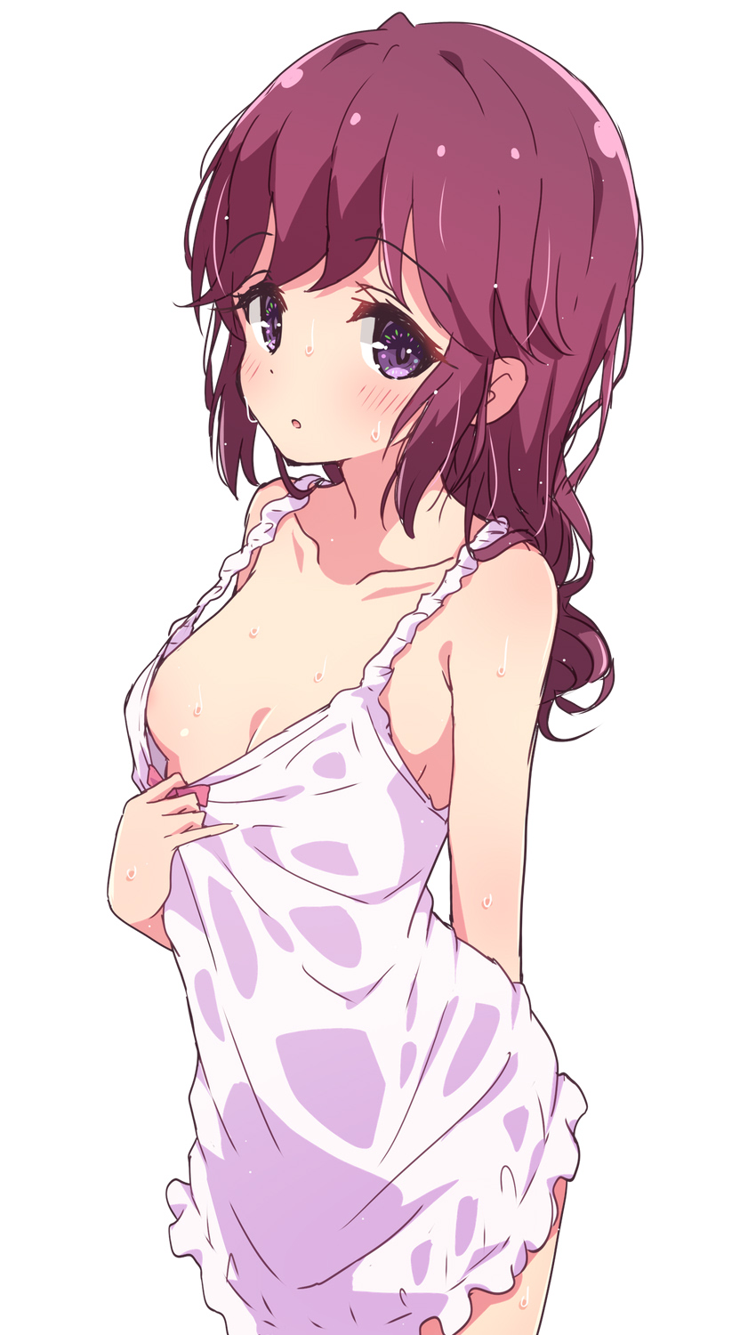 1girl :o blush breasts cleavage dress highres long_hair looking_at_viewer machikado_mazoku medium_breasts mel_(melty_pot) purple_eyes red_hair simple_background solo wet wet_clothes wet_dress white_background white_dress yoshida_ryouko