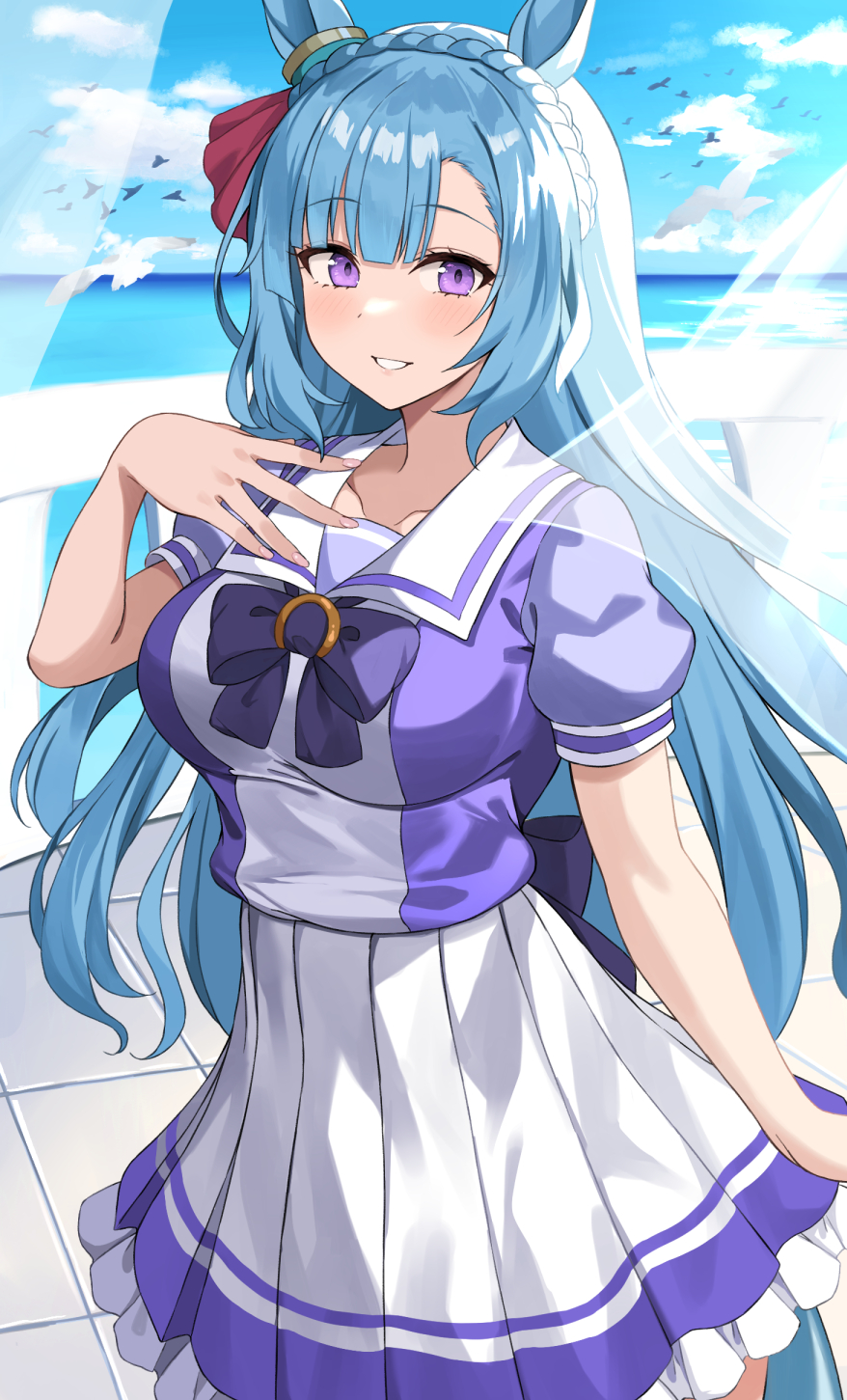 1girl animal_ears arm_at_side asato_(fadeless) asymmetrical_bangs bangs bird blue_hair blush bow bowtie braid breasts cloud cowboy_shot crown_braid hand_on_own_chest hand_up highres horizon horse_ears horse_girl horse_tail large_breasts long_hair mejiro_ardan_(umamusume) outdoors puffy_short_sleeves puffy_sleeves purple_eyes purple_shirt sailor_collar school_uniform shirt short_sleeves skirt smile solo standing tail tracen_school_uniform umamusume white_skirt