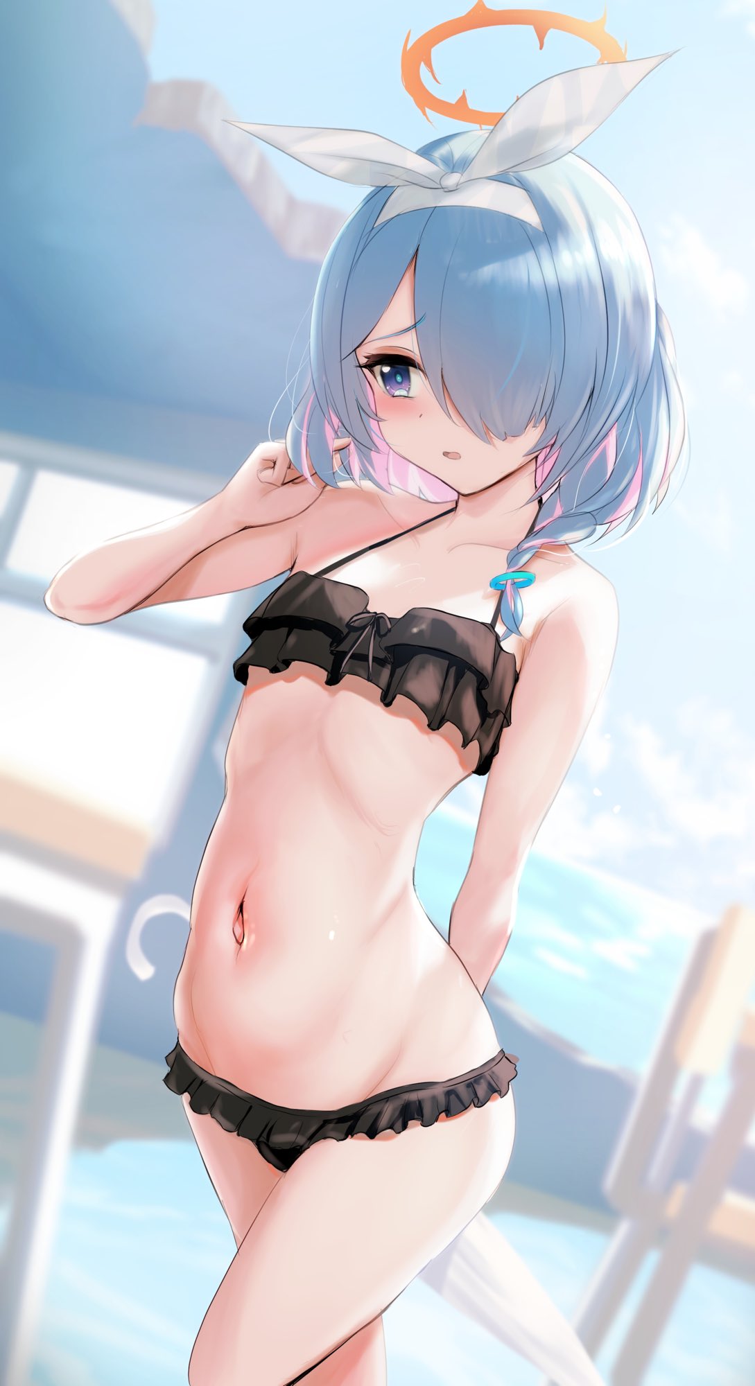 1girl arms_behind_back arona_(blue_archive) bikini black_bikini blue_archive blue_eyes blue_hair blurry blurry_background braid colored_inner_hair frilled_bikini frills hair_over_one_eye hairband halo highres multicolored_hair navel open_mouth pink_hair short_hair solo swimsuit take_(trude1945oneetyan) umbrella white_hairband